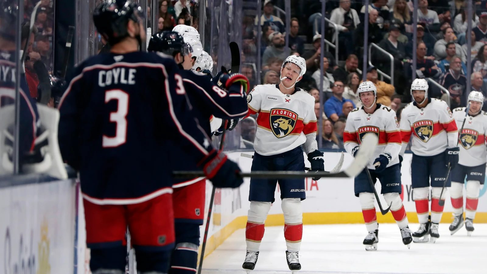 Florida Panthers forward Brady Tkachuk celebrates his natural hat trick against the Columbus Blue Jackets at Nationwide Arena.