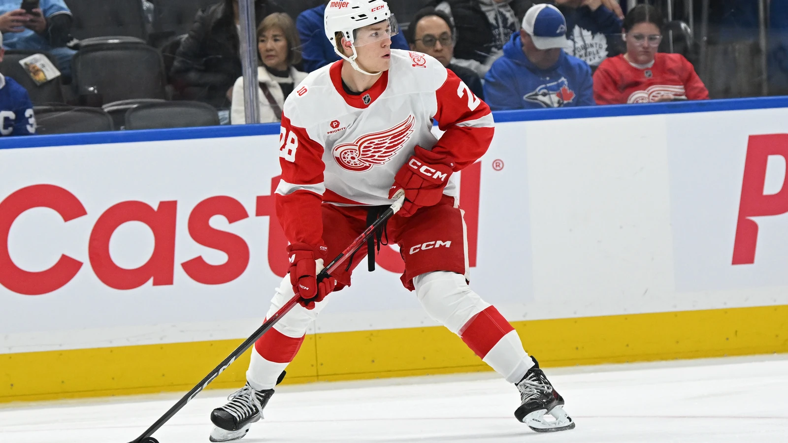 File photo: Detroit Red Wings forward Michael Brandsegg-Nygard (28) skates with the puck against the Toronto Maple Leafs in Toronto on Oct. 13, 2025.