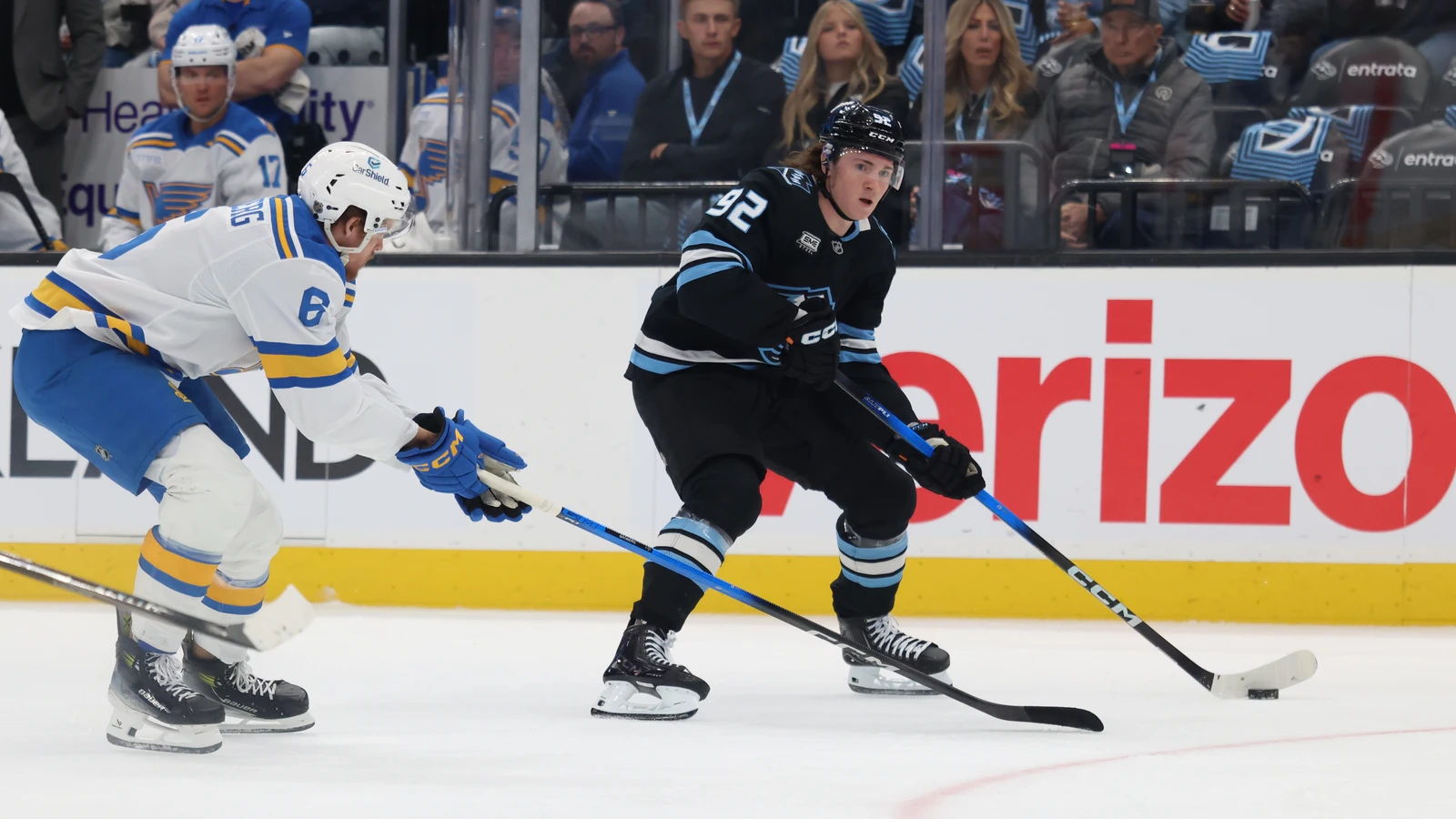 Philip Broberg skates for St. Louis during a 2026 game in Utah. File photo.