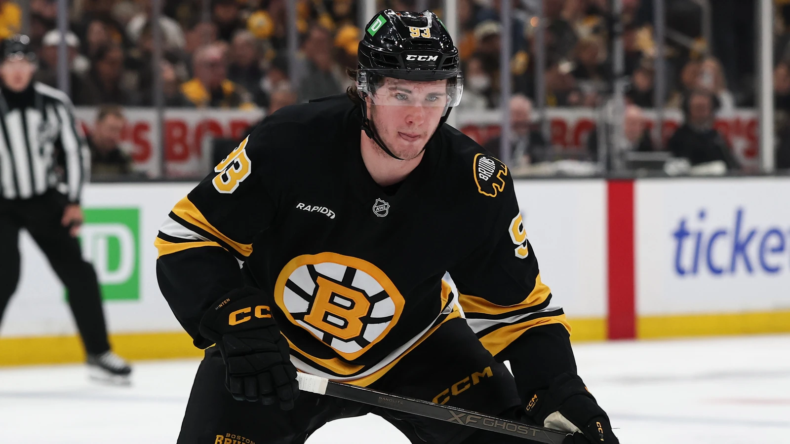 Fraser Minten plays for Boston against Buffalo on May 1, 2026. File photo.