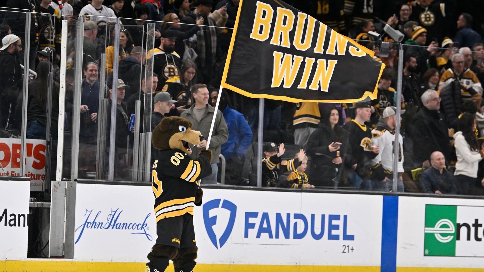 Boston Bruins mascot Blades celebrates a March 2026 home win. File photo.