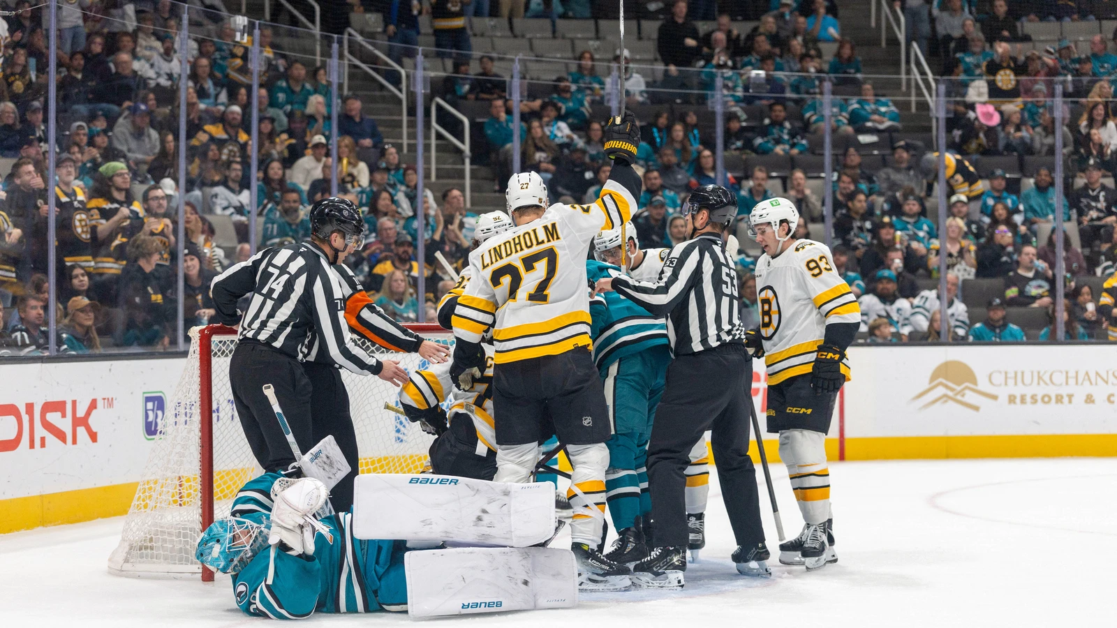 File photo: Boston Bruins defenceman Hampus Lindholm raises his stick during a goal celebration against the San Jose Sharks at SAP Center.