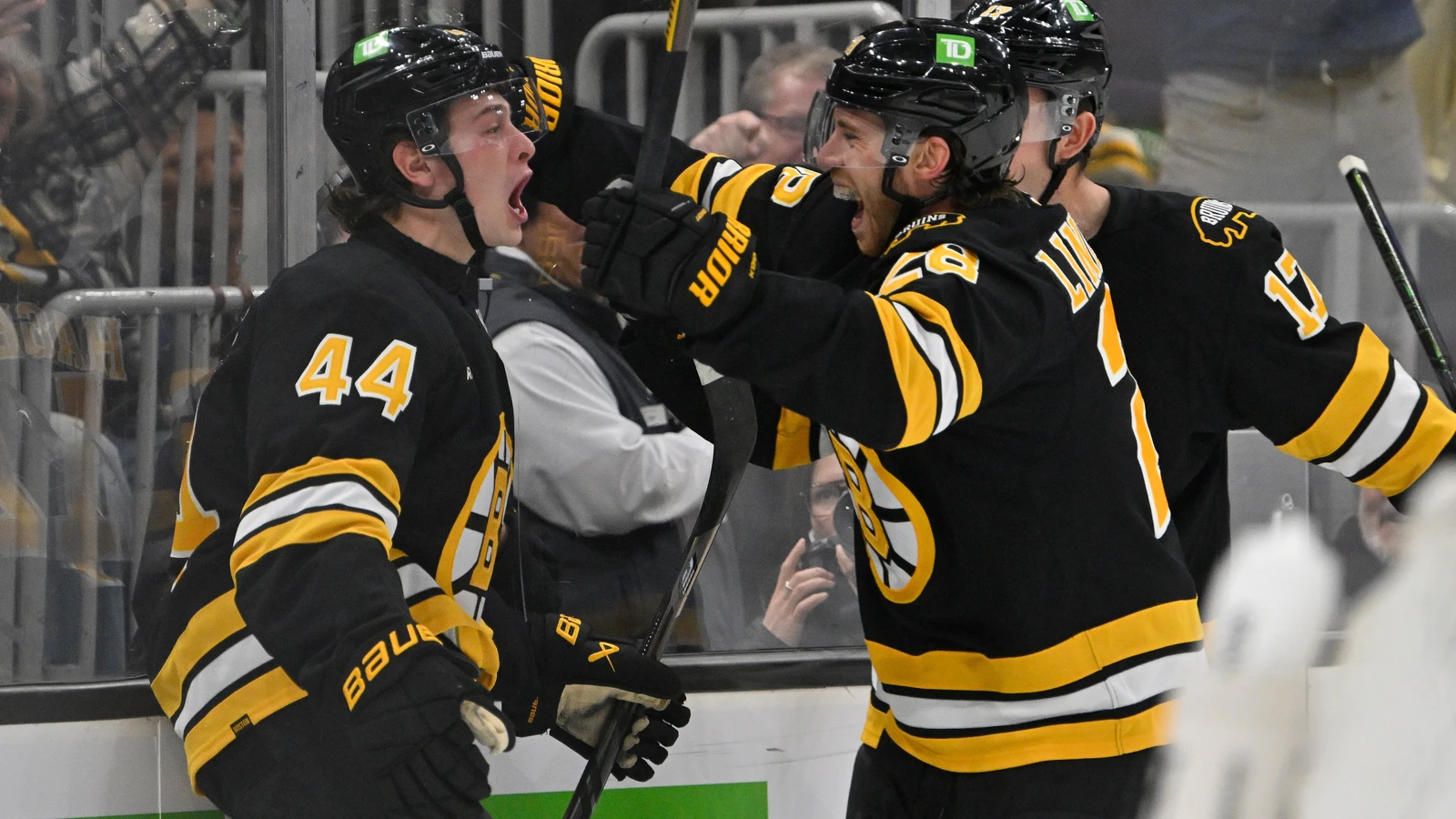 James Hagens celebrates his third-period goal with Boston Bruins teammates against the San Jose Sharks at TD Garden.