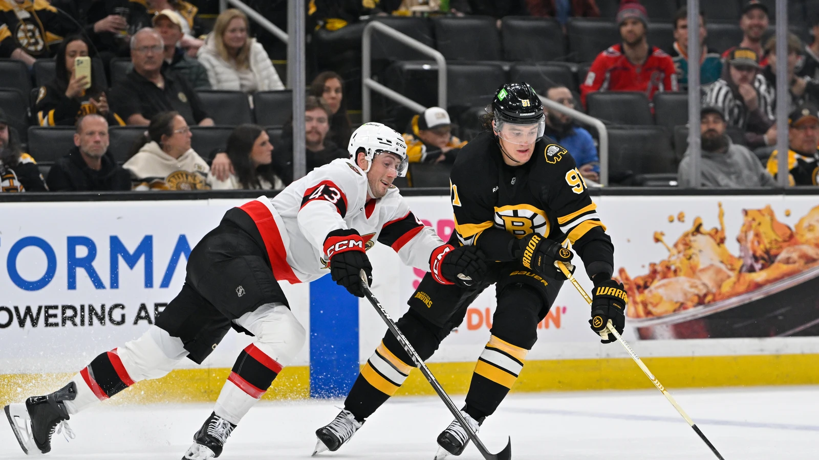 File photo: Boston Bruins defenceman Nikita Zadorov battles for the puck against Ottawa at TD Garden.