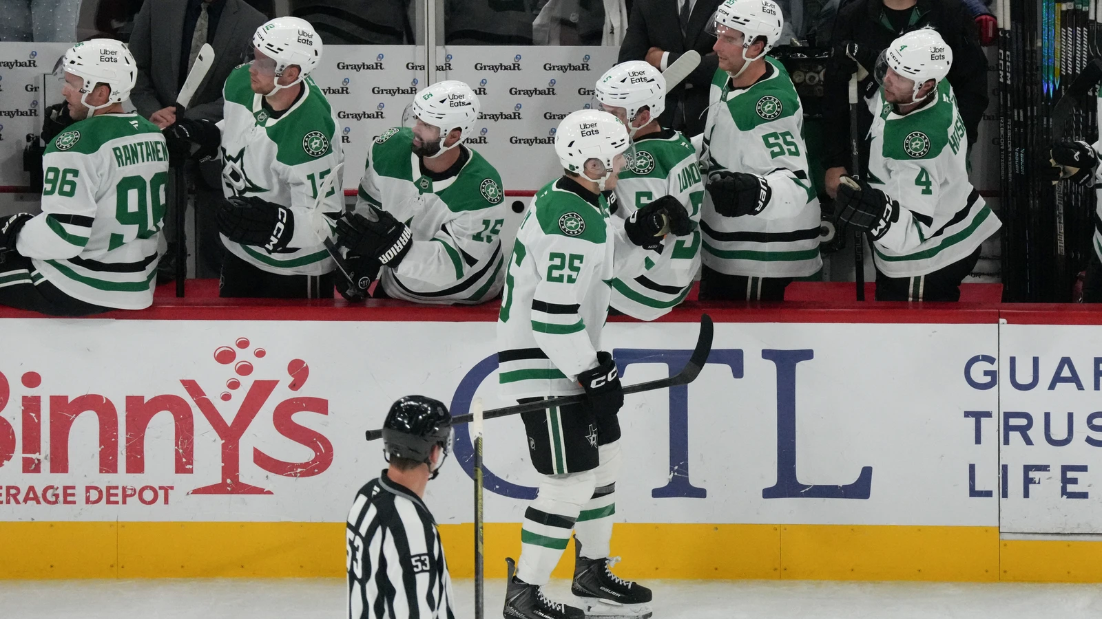 File photo: Dallas Stars forward Arttu Hyry celebrates a goal at the bench during a game in Chicago.