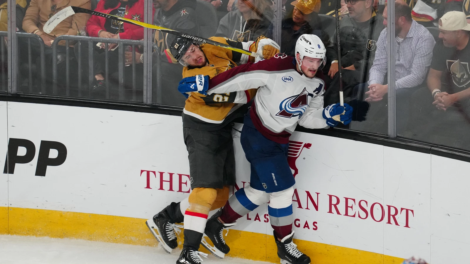 Cale Makar defends against Brett Howden during Colorado's playoff game in Las Vegas on May 26, 2026. File photo.