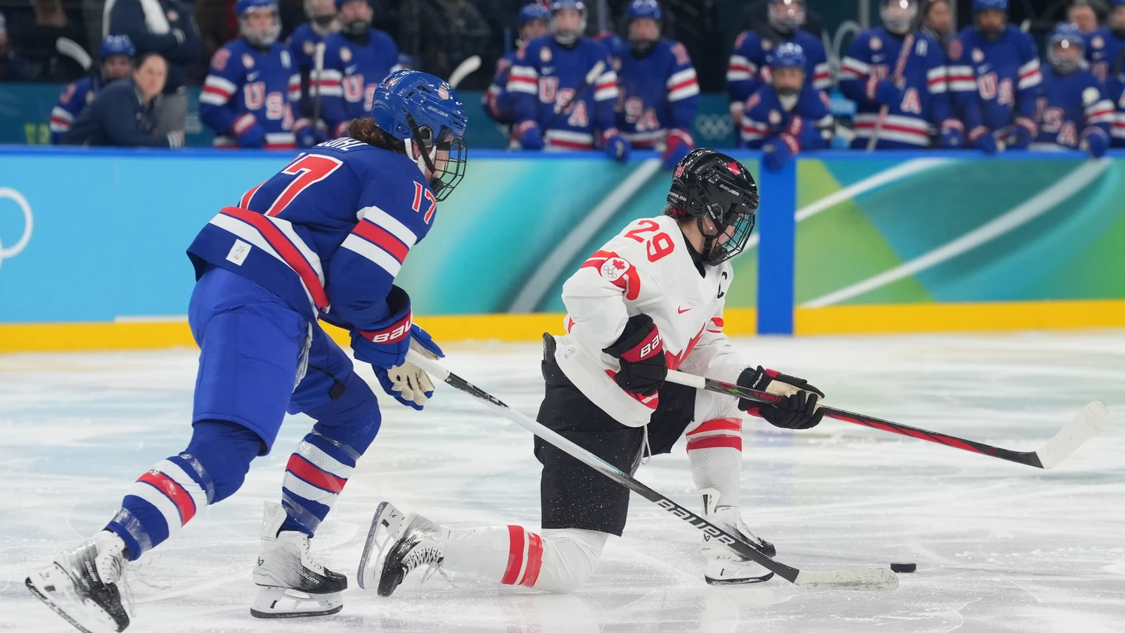 Marie-Philip Poulin controls the puck for Canada against the United States in the Olympic gold-medal game on February 19, 2026. File photo.