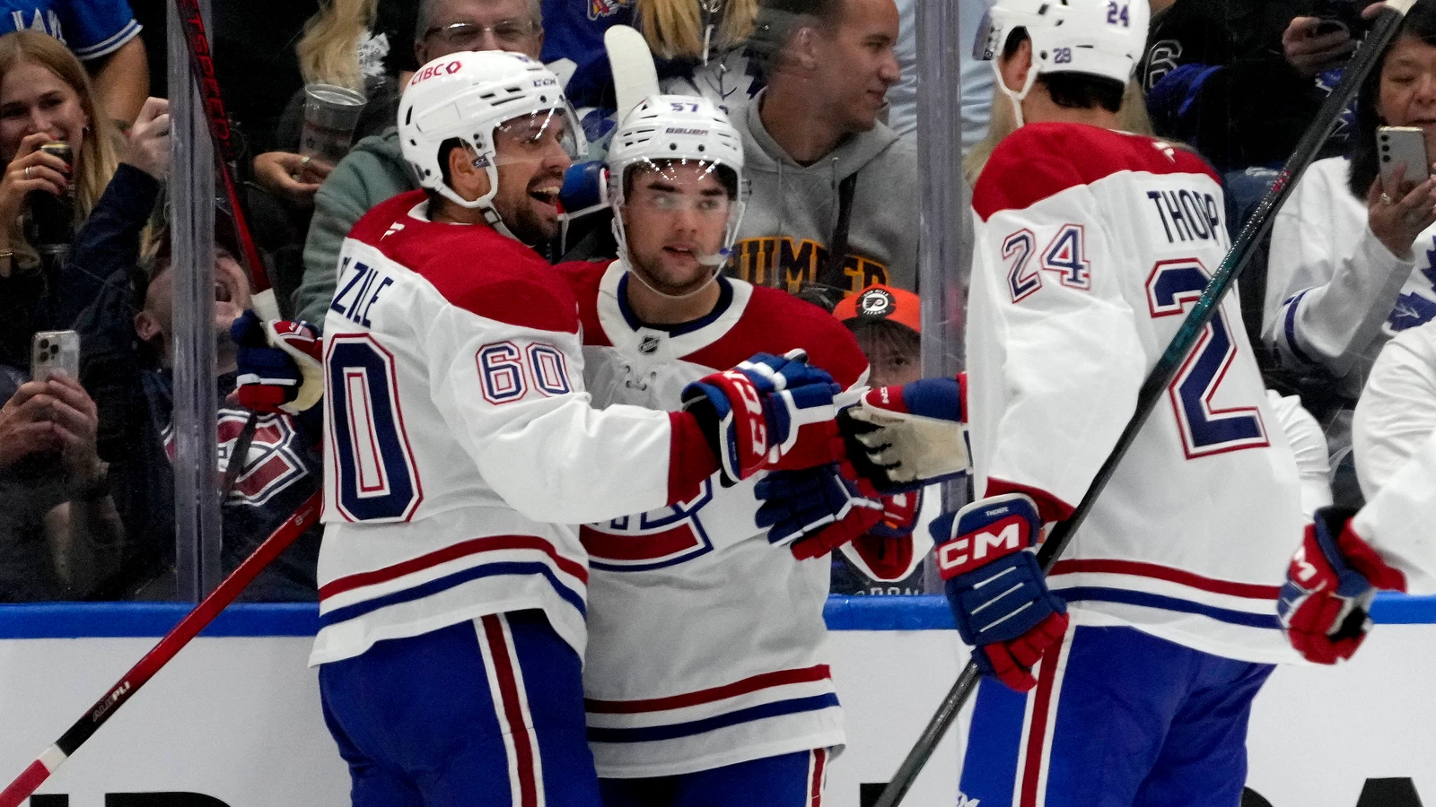 Sean Farrell, whom Montreal later sent to Anaheim in the Sasha Pastujov trade, celebrates a Canadiens preseason goal against Toronto on September 27, 2025. File photo.