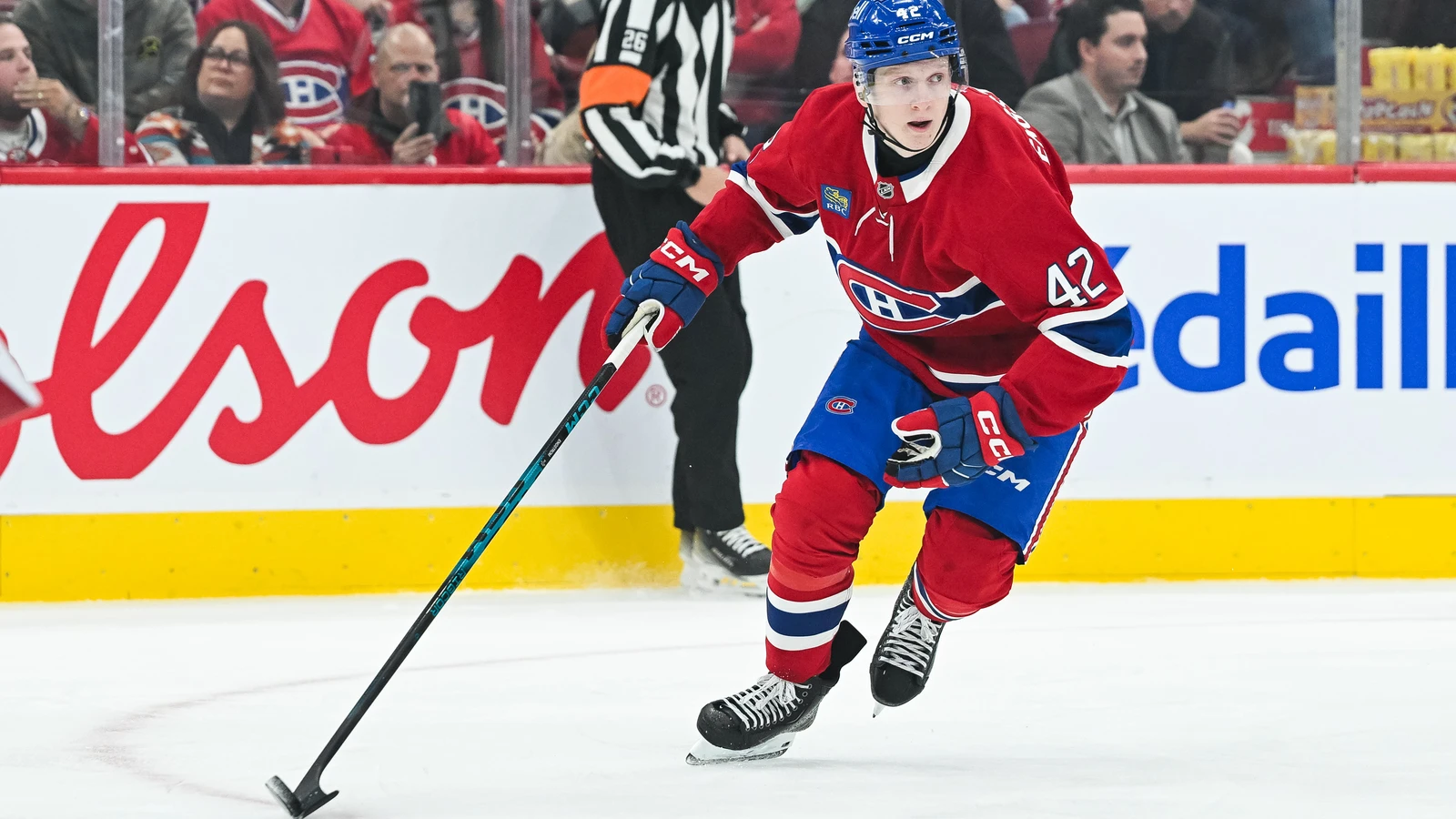 File photo: Montreal Canadiens defenceman Adam Engstrom plays the puck against the Buffalo Sabres at the Bell Centre.