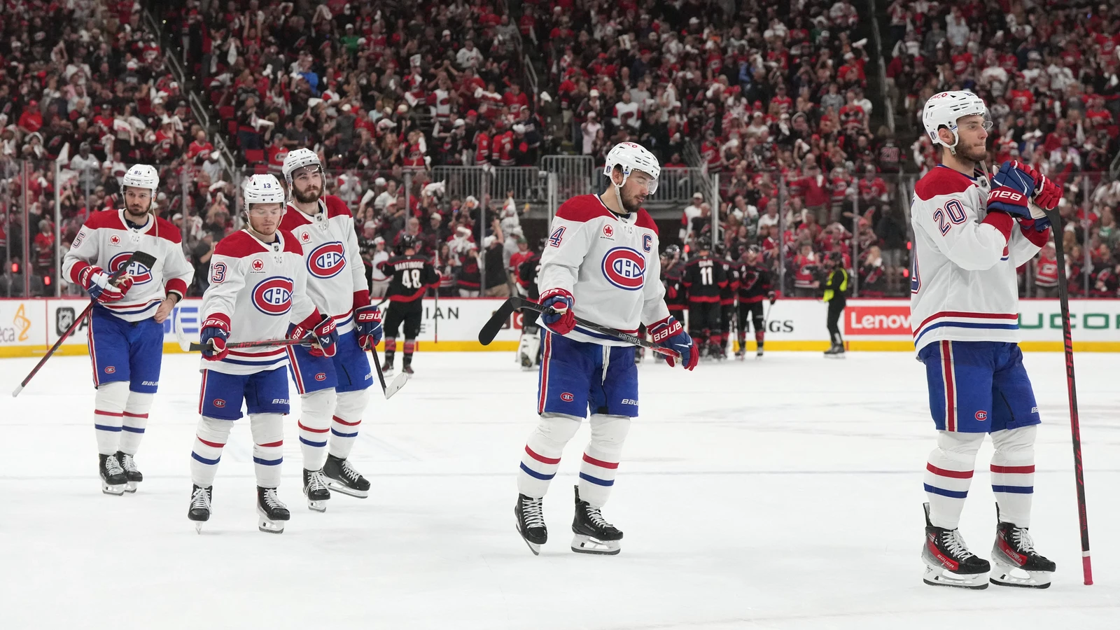 Nick Suzuki and his Montreal teammates leave the ice after Game 5 of the 2026 Eastern Conference Final. File photo.