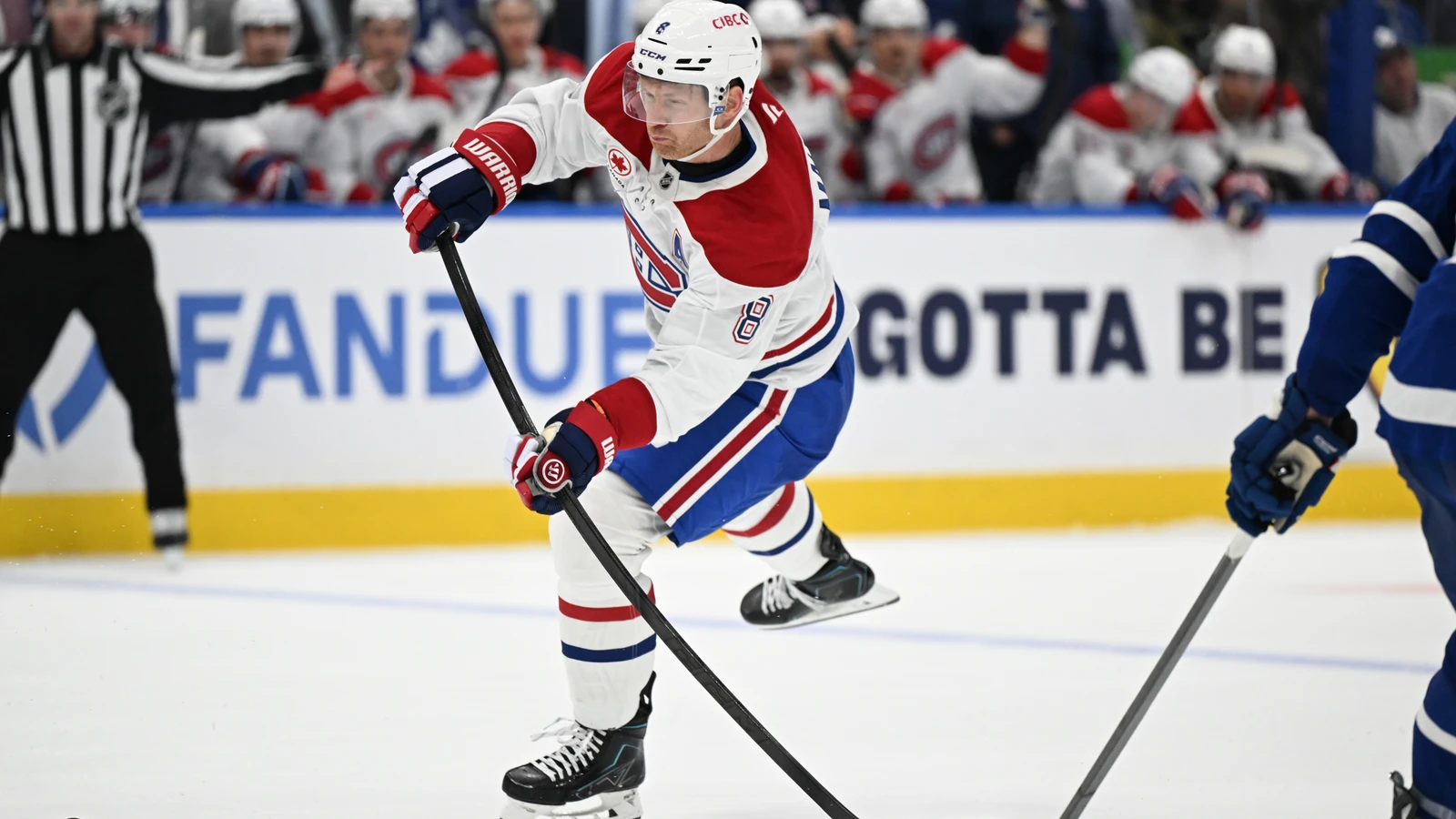 File photo: Montreal Canadiens defenceman Mike Matheson shoots the puck against the Toronto Maple Leafs.