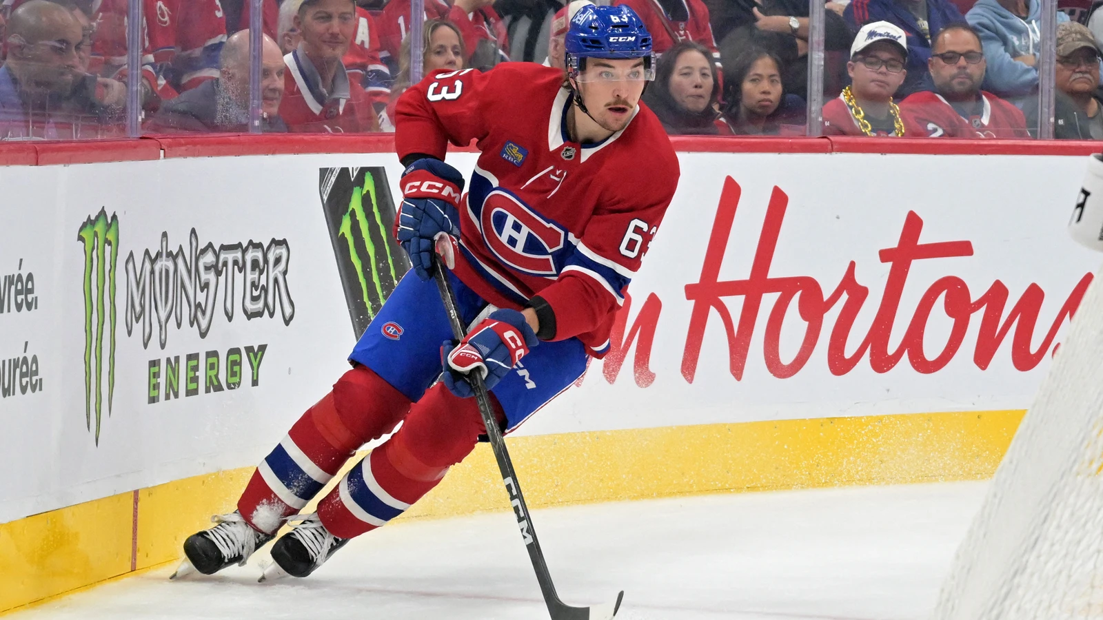 File photo: Montreal Canadiens forward Florian Xhekaj plays the puck against the Nashville Predators at the Bell Centre.