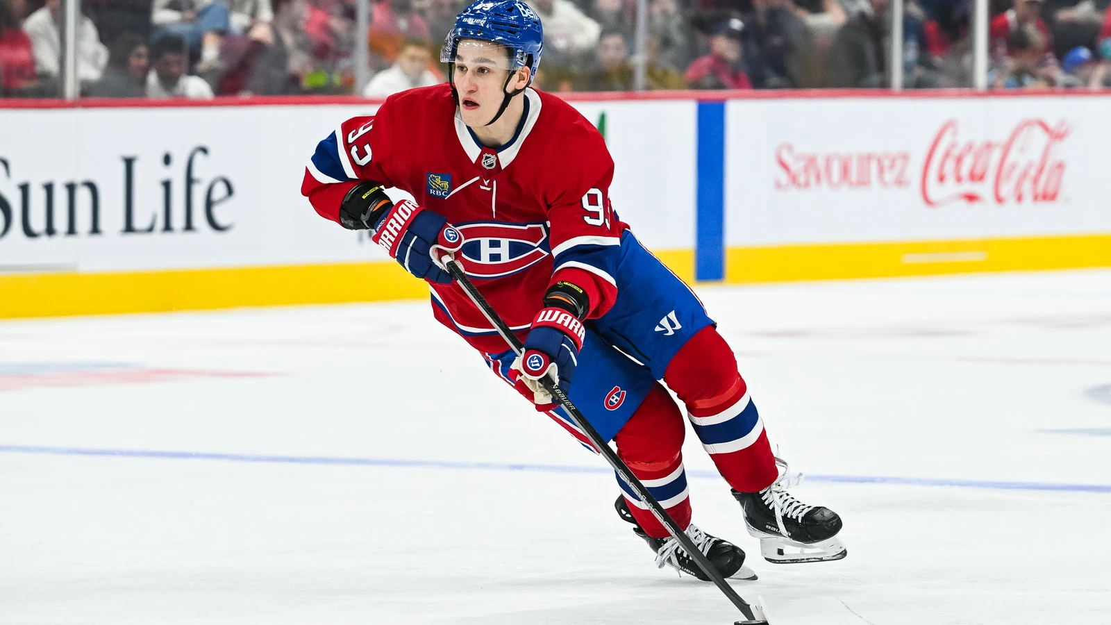File photo: Montréal Canadiens forward Ivan Demidov controls the puck against the Toronto Maple Leafs at Bell Centre.