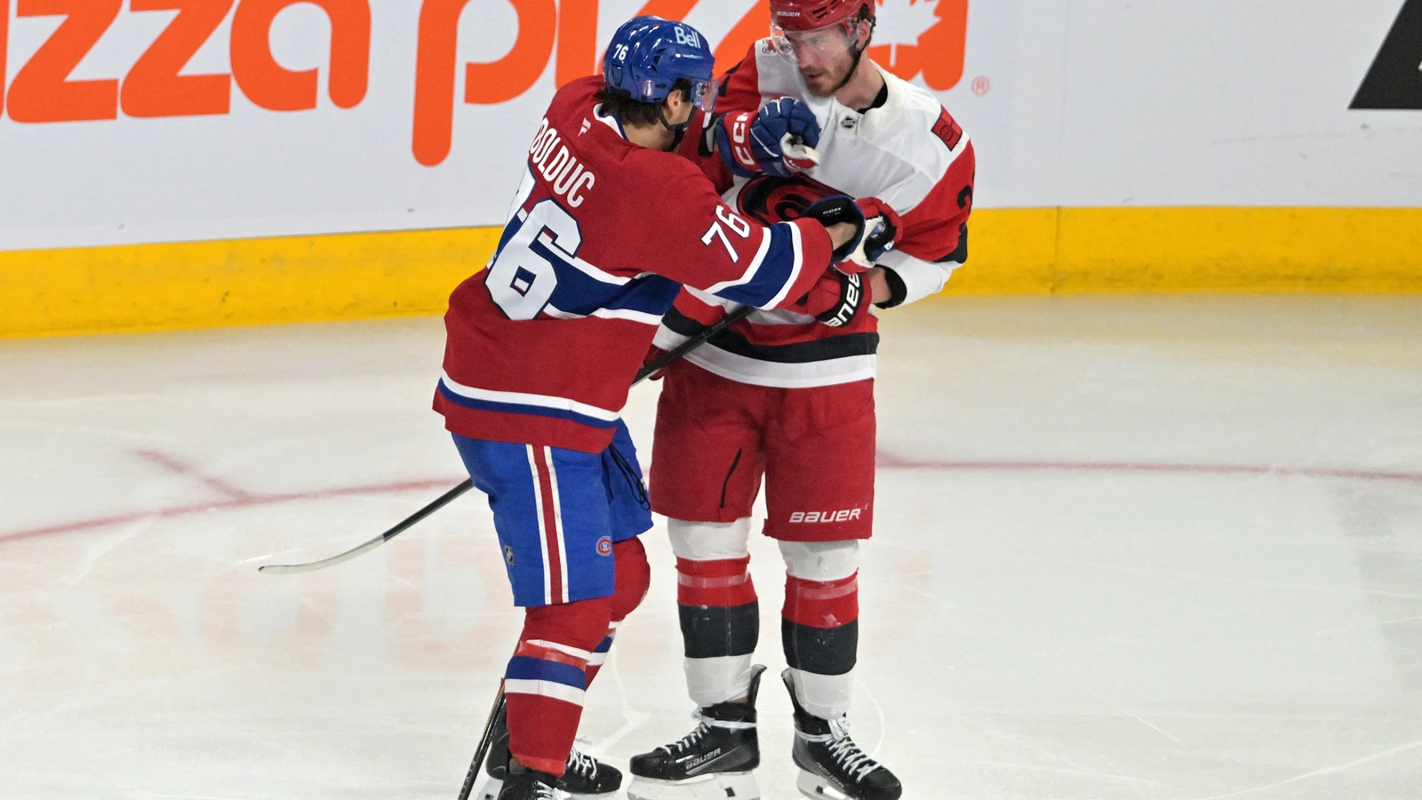 Zachary Bolduc battles Andrei Svechnikov for Montreal on May 27, 2026. File photo.