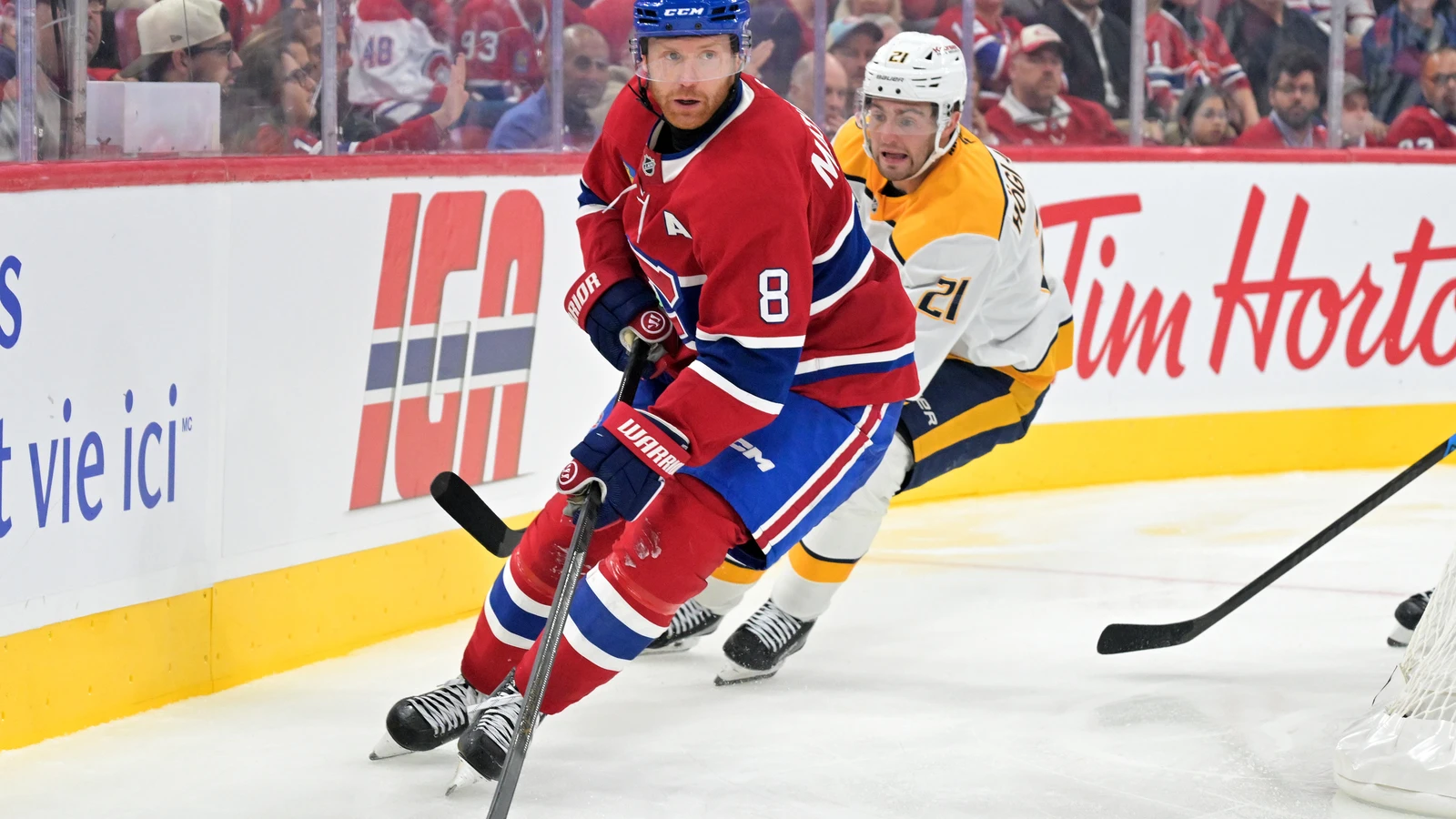 File photo: Montreal Canadiens defenceman Mike Matheson plays the puck against the Nashville Predators at Bell Centre.