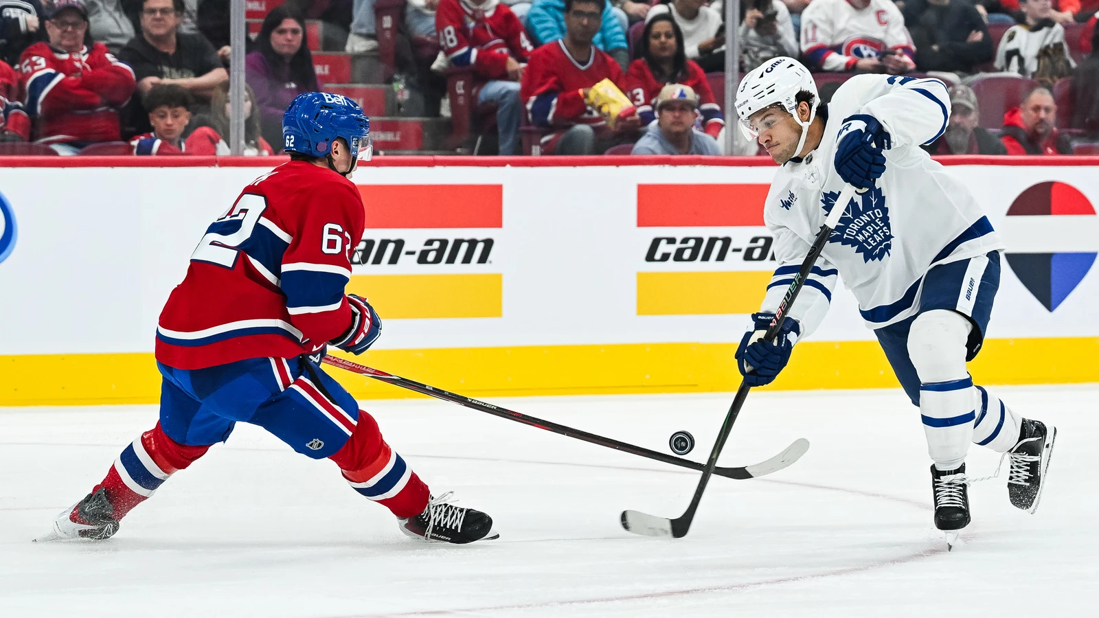 File photo: Montreal Canadiens centre Owen Beck protects the puck against Toronto Maple Leafs defenceman Nick Blankenburg at Bell Centre.
