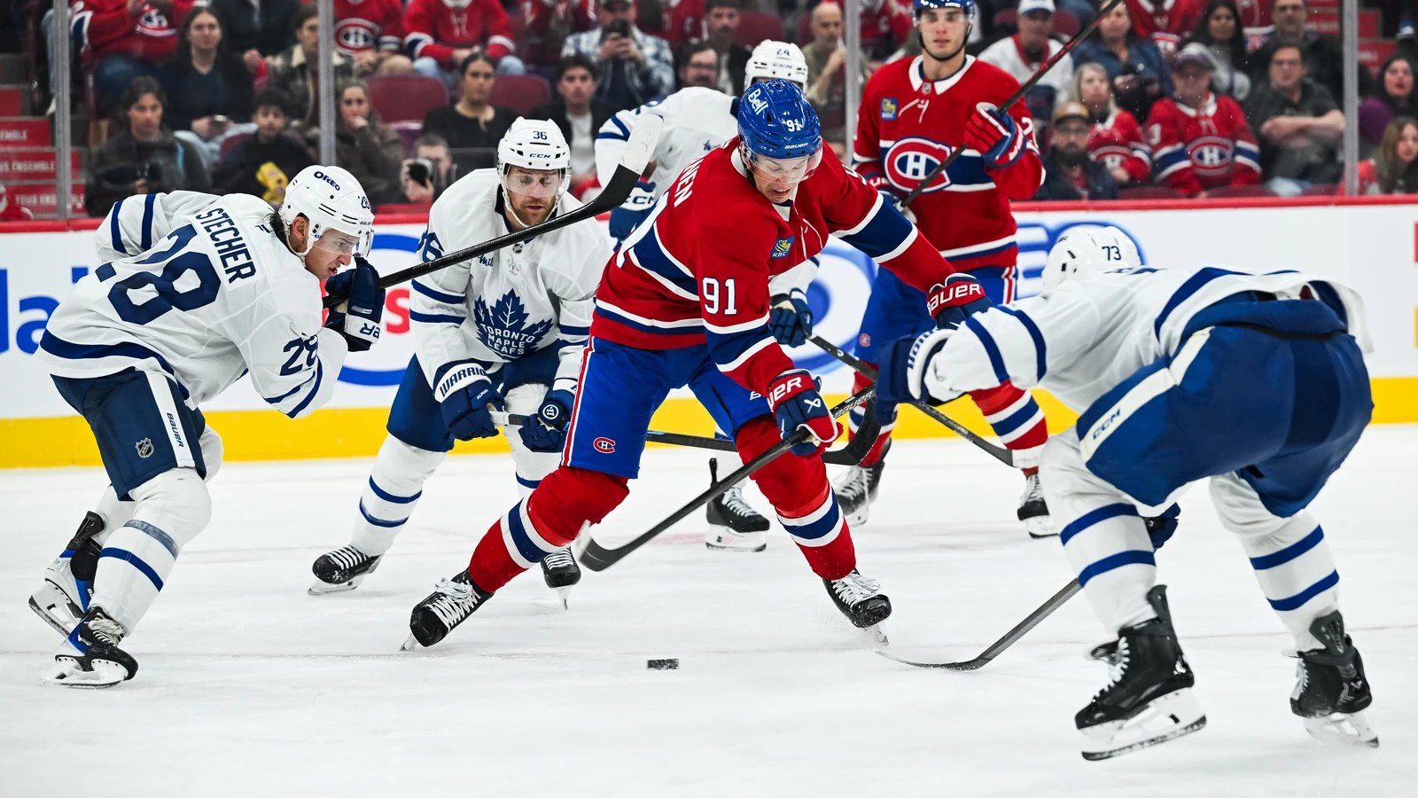 File photo: Montreal Canadiens centre Oliver Kapanen (91) plays the puck against the Toronto Maple Leafs at the Bell Centre on Sept. 19, 2026.