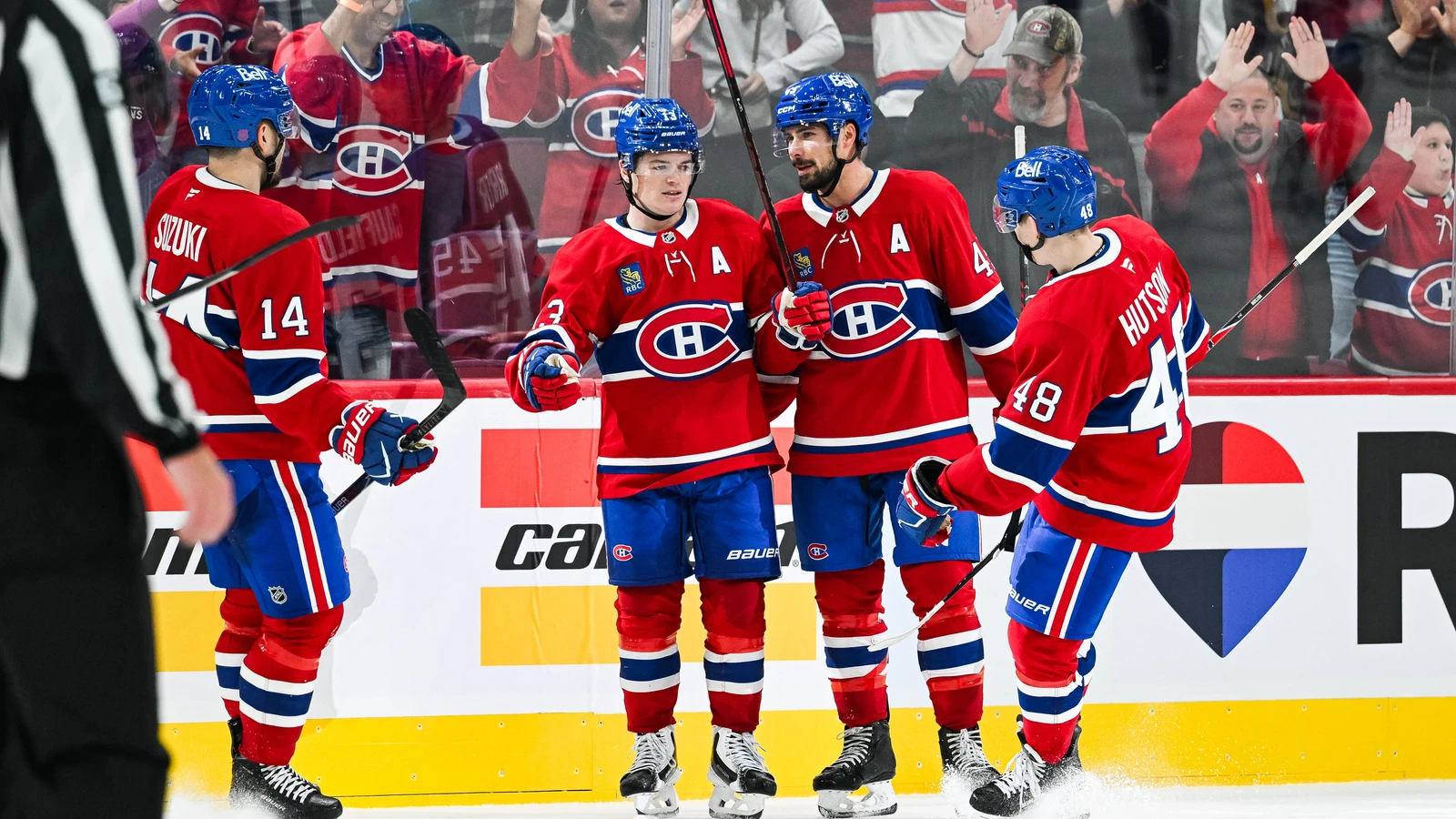 File photo: Montreal Canadiens forward Cole Caufield celebrates with teammates after an overtime goal against the Toronto Maple Leafs in Montreal on Sept. 19, 2026.