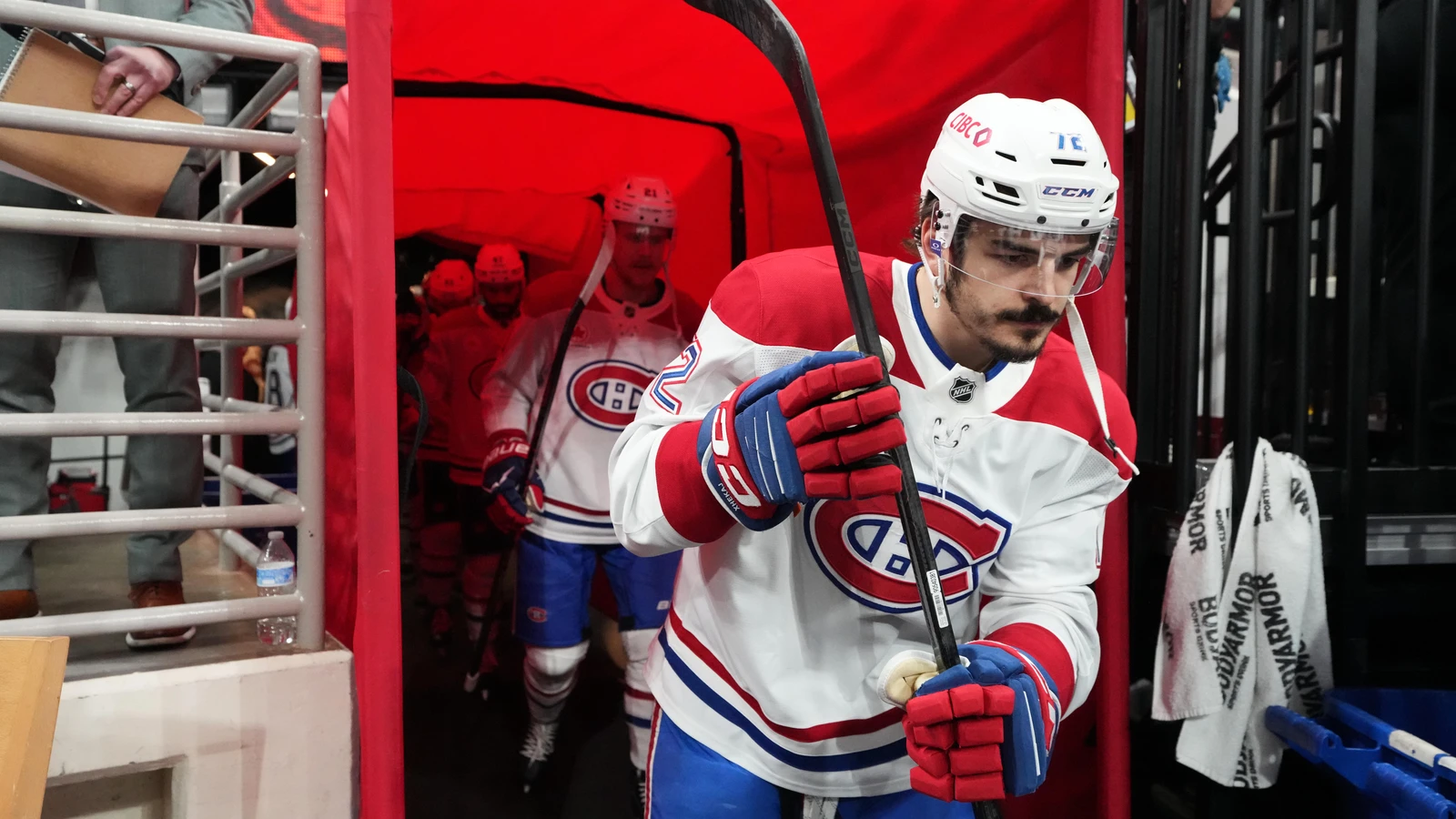 Arber Xhekaj walks onto the ice before a Canadiens playoff game in Raleigh on May 29, 2026. File photo.