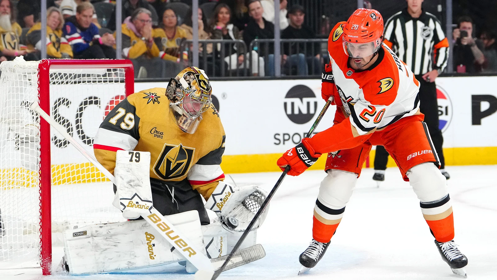 Chris Kreider deflects the puck for Anaheim against Vegas on May 6, 2026. File photo.