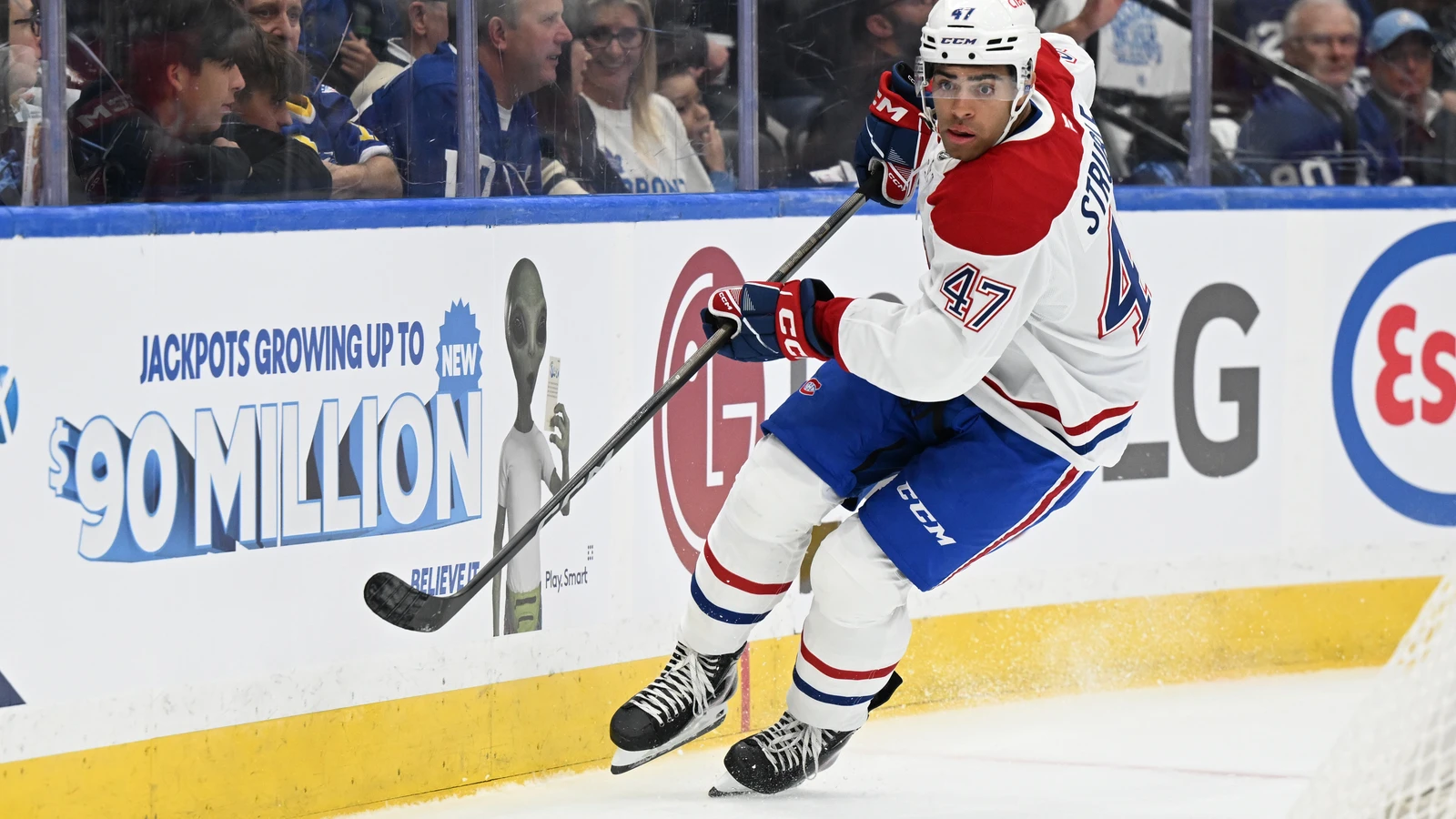 File photo: Jayden Struble pursues the puck along the boards for the Montreal Canadiens against the Toronto Maple Leafs.
