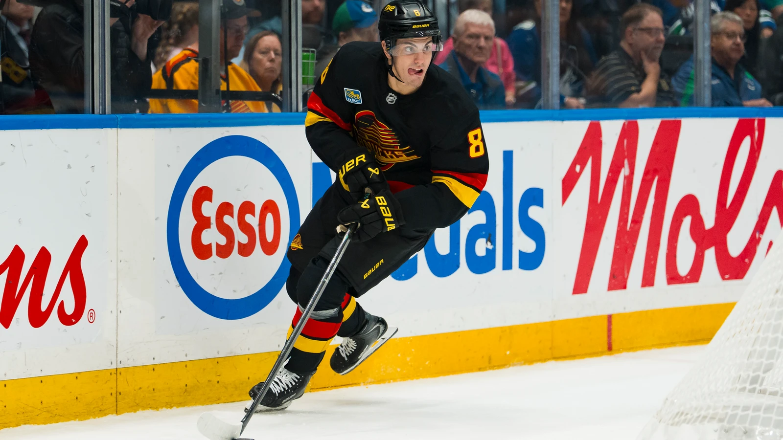 File photo: Vancouver Canucks defenceman Zeev Buium controls the puck against the Vegas Golden Knights at Rogers Arena.