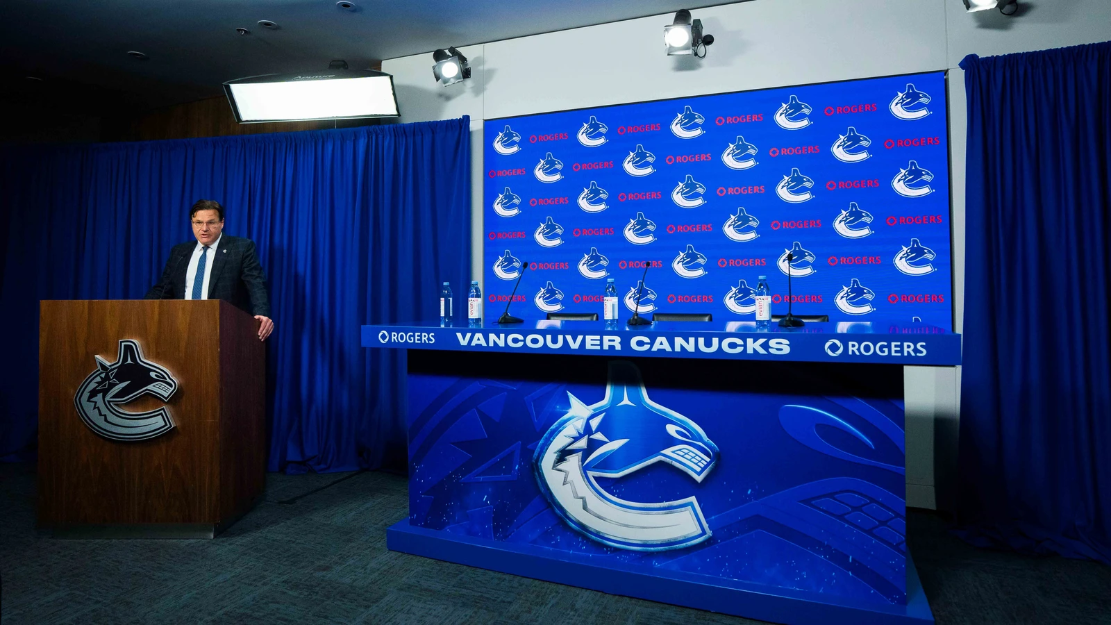 Vancouver Canucks owner Francesco Aquilini speaks at a hockey-operations press conference at Rogers Arena on May 14, 2026. File photo.