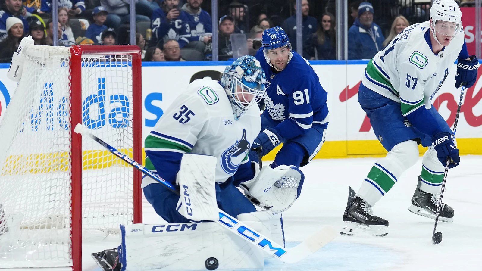 Thatcher Demko makes a save for Vancouver against Toronto on Jan. 10, 2026. File photo.