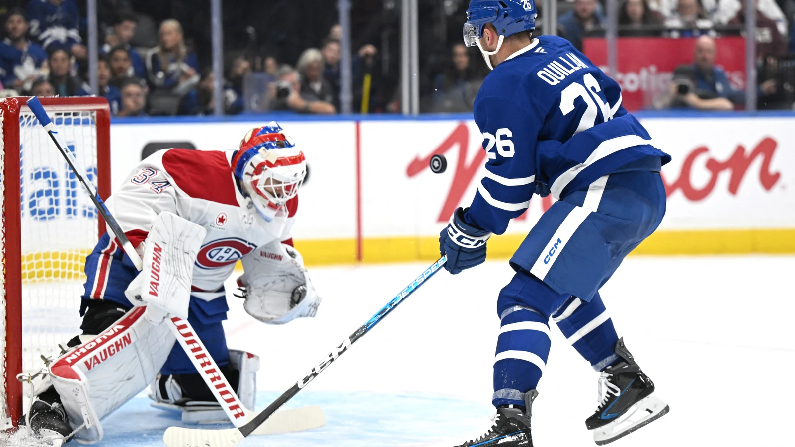 File photo: Jacob Quillan, then with the Toronto Maple Leafs, takes a shot against the Montreal Canadiens.