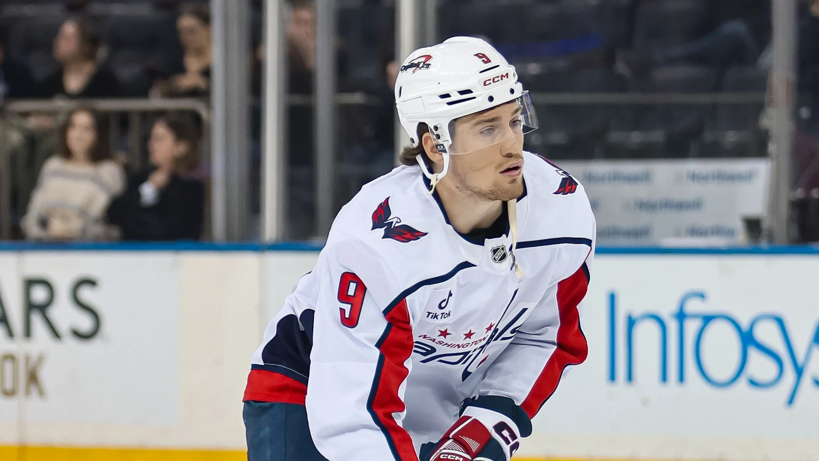 Ryan Leonard warms up for the Capitals before a game at Madison Square Garden in April 2026.