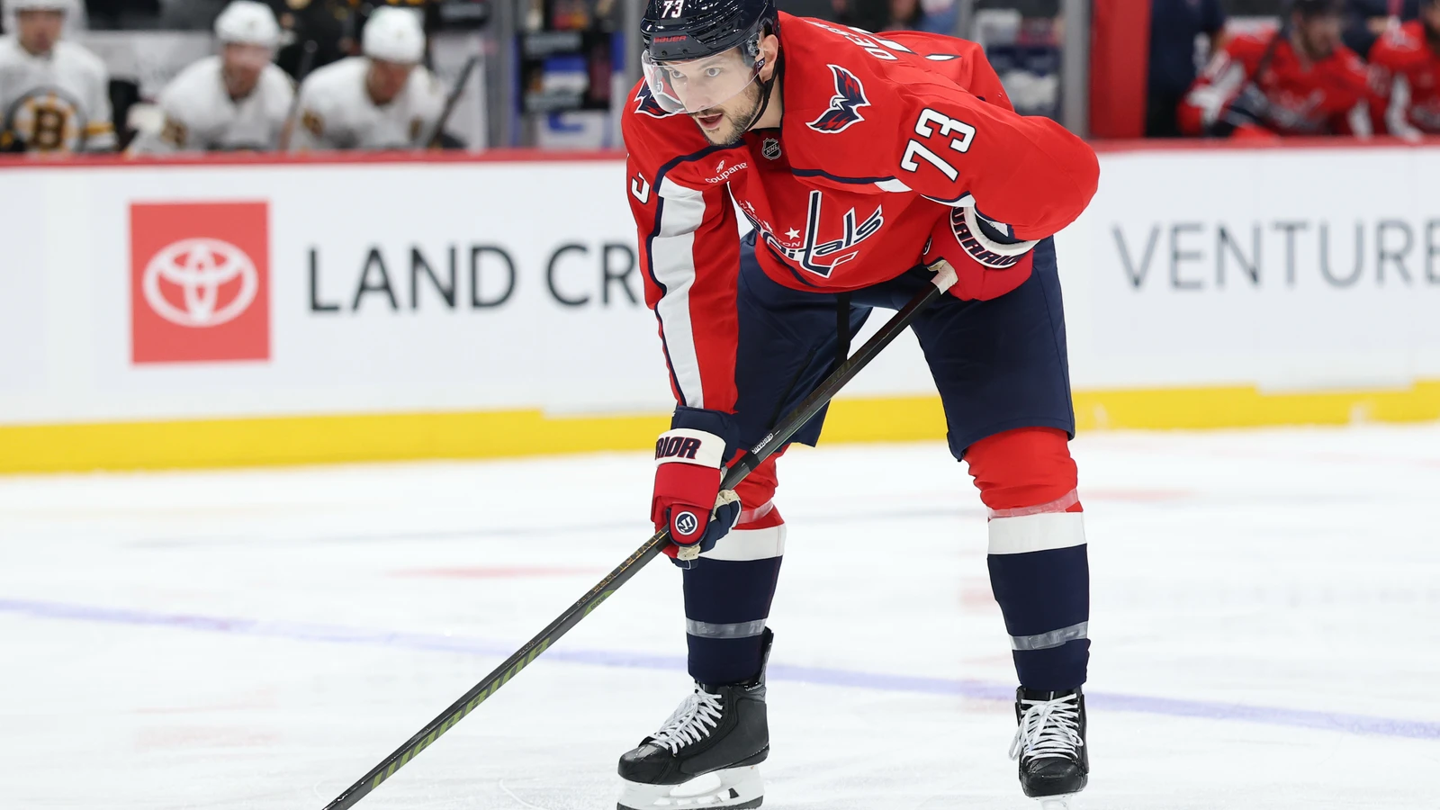 File photo: Washington Capitals defenceman Vincent Desharnais lines up for a faceoff against the Boston Bruins at Capital One Arena.