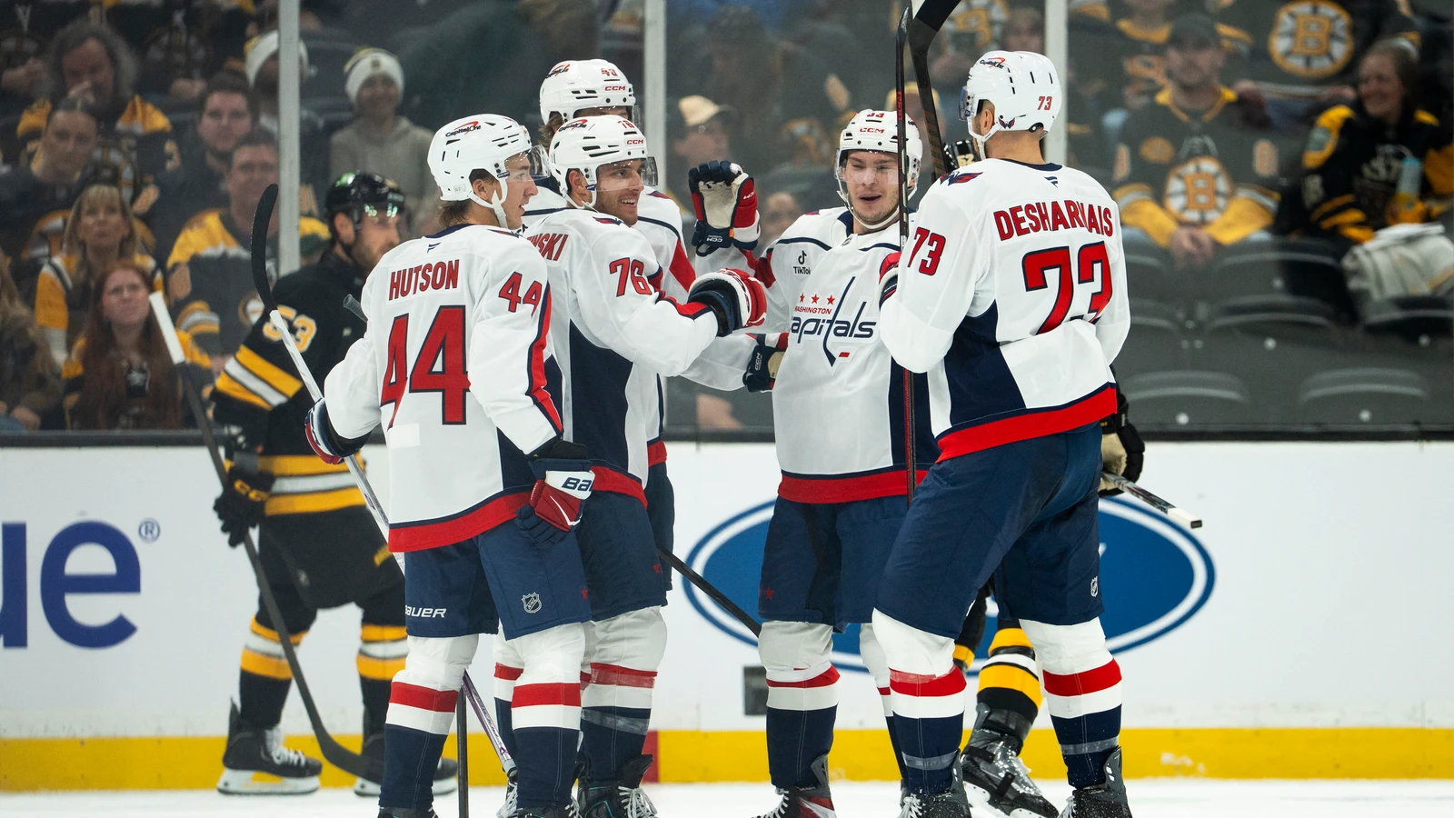 File photo: Washington Capitals forward Jonny Brodzinski celebrates a goal with teammates in Boston on Sept. 20, 2026.
