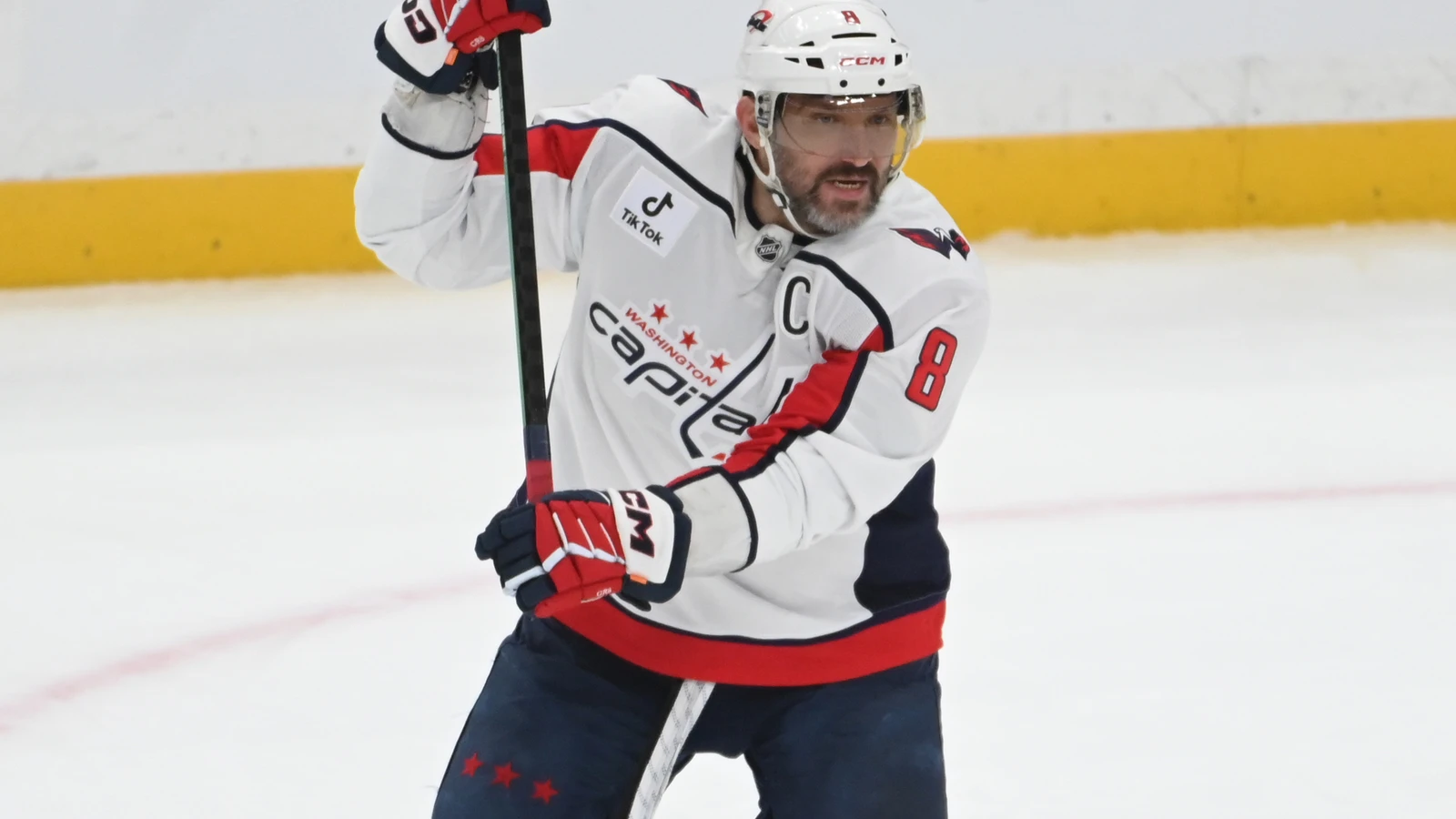 Alex Ovechkin prepares to shoot for Washington against Pittsburgh on April 11, 2026. File photo.