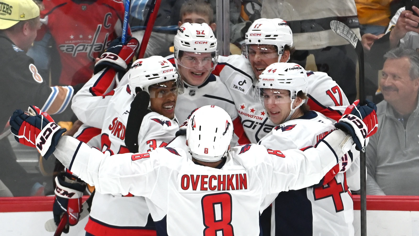 Alex Ovechkin and Washington Capitals teammates celebrate a goal against Pittsburgh. File photo.