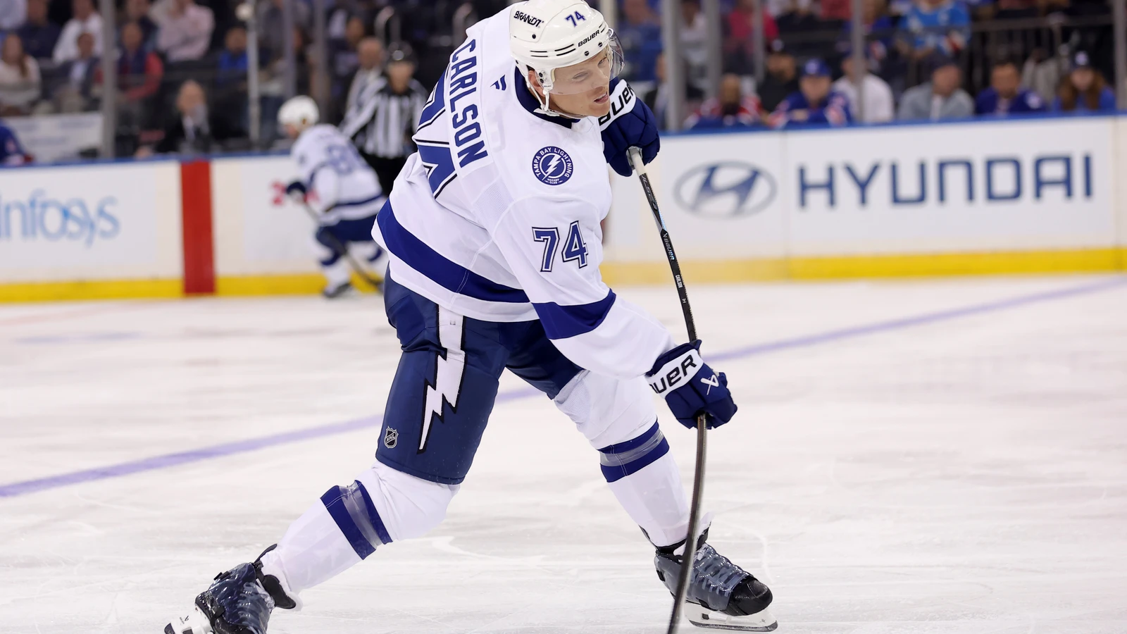 File photo: Tampa Bay Lightning defenceman John Carlson takes a shot against the New York Rangers at Madison Square Garden.