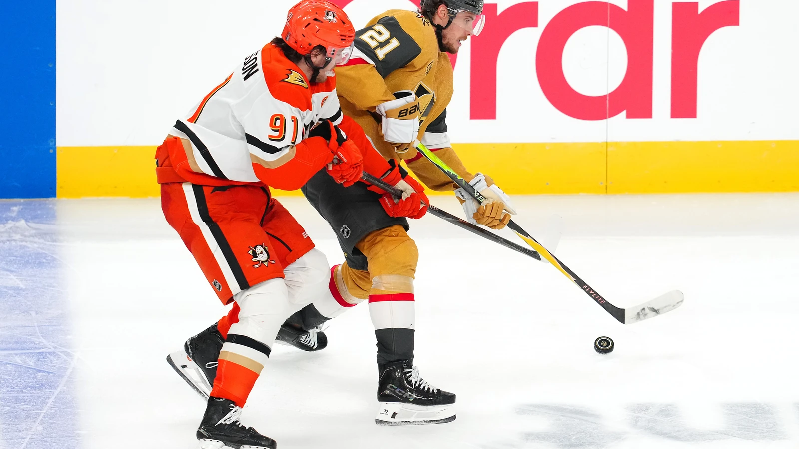 File photo: Anaheim Ducks centre Leo Carlsson battles Vegas Golden Knights centre Brett Howden for the puck during a May 6, 2026 playoff game in Las Vegas.