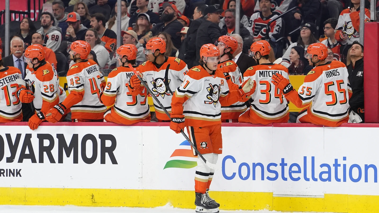 Anaheim Ducks centre Leo Carlsson celebrates with teammates after scoring against the Philadelphia Flyers at Xfinity Mobile Arena on Oct. 24, 2026.