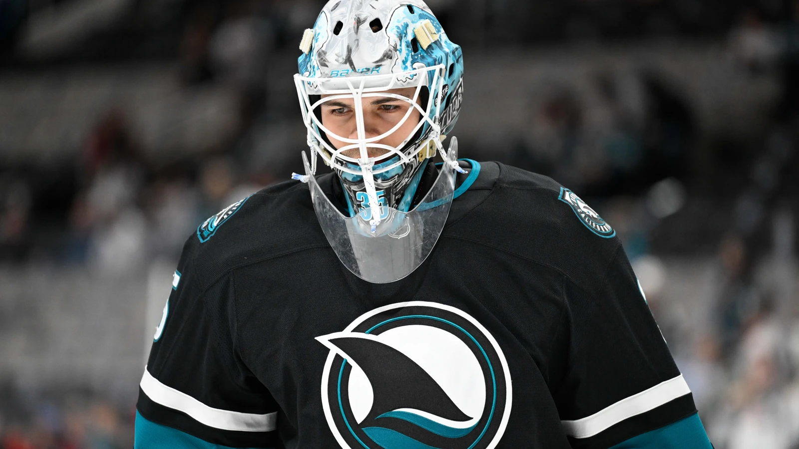 San Jose Sharks goaltender Gabriel Carriere skates during warmups before a game against the Edmonton Oilers on April 3, 2025. File photo.