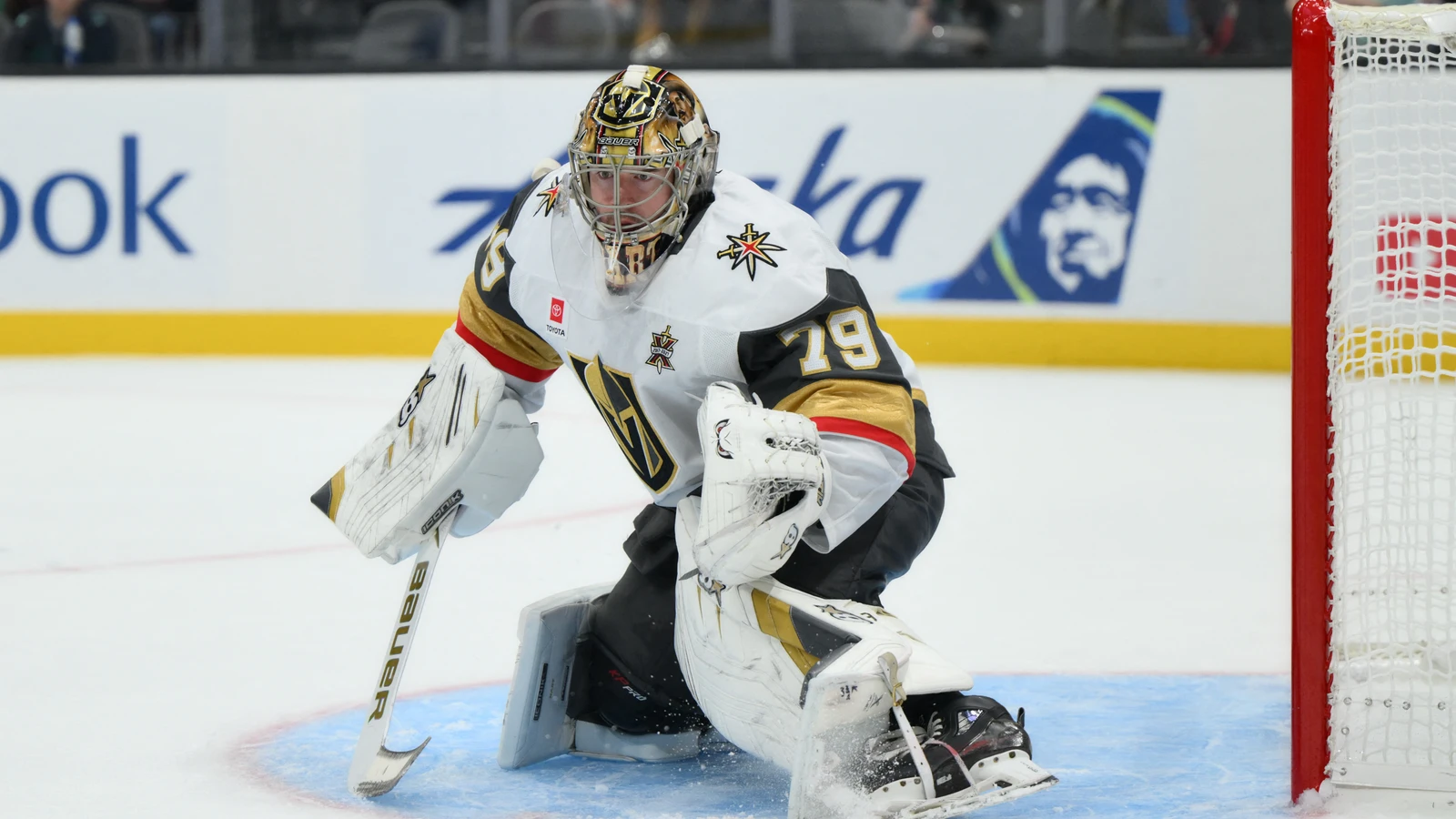File photo: Golden Knights goaltender Carter Hart tends the net against the Seattle Kraken at Climate Pledge Arena.