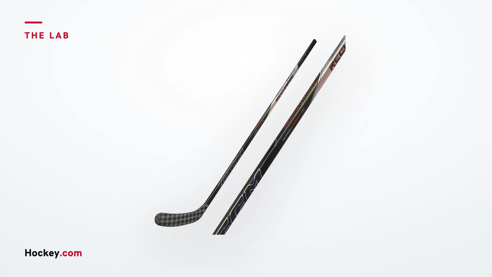 CCM Tacks Recharge hockey stick with a close view of the shaft graphics