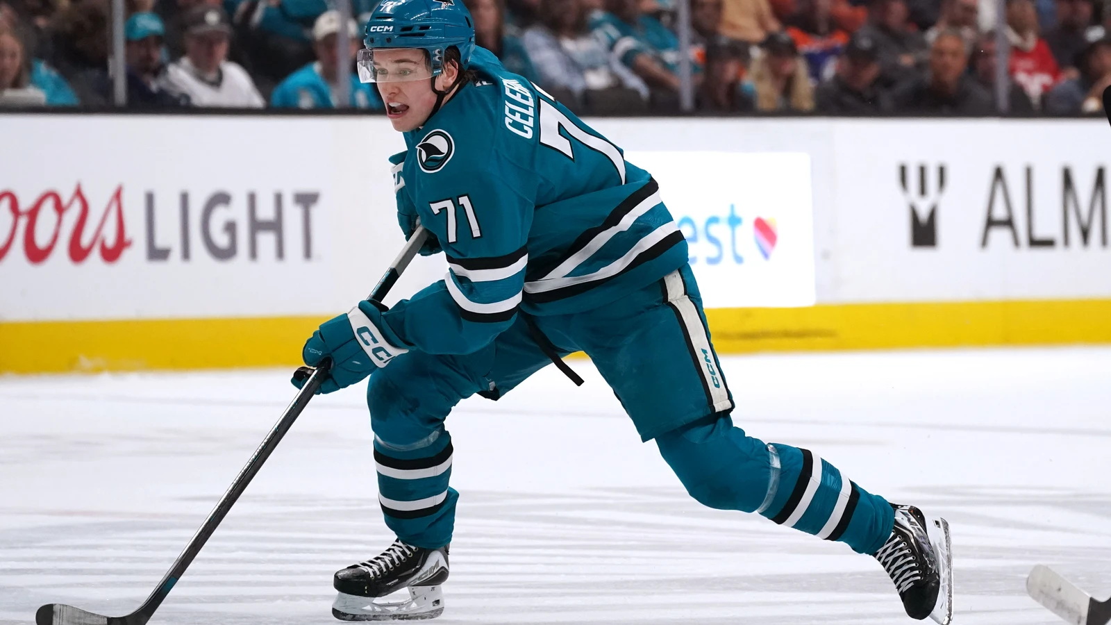 Macklin Celebrini controls the puck for San Jose against Edmonton on April 8, 2026. File photo.