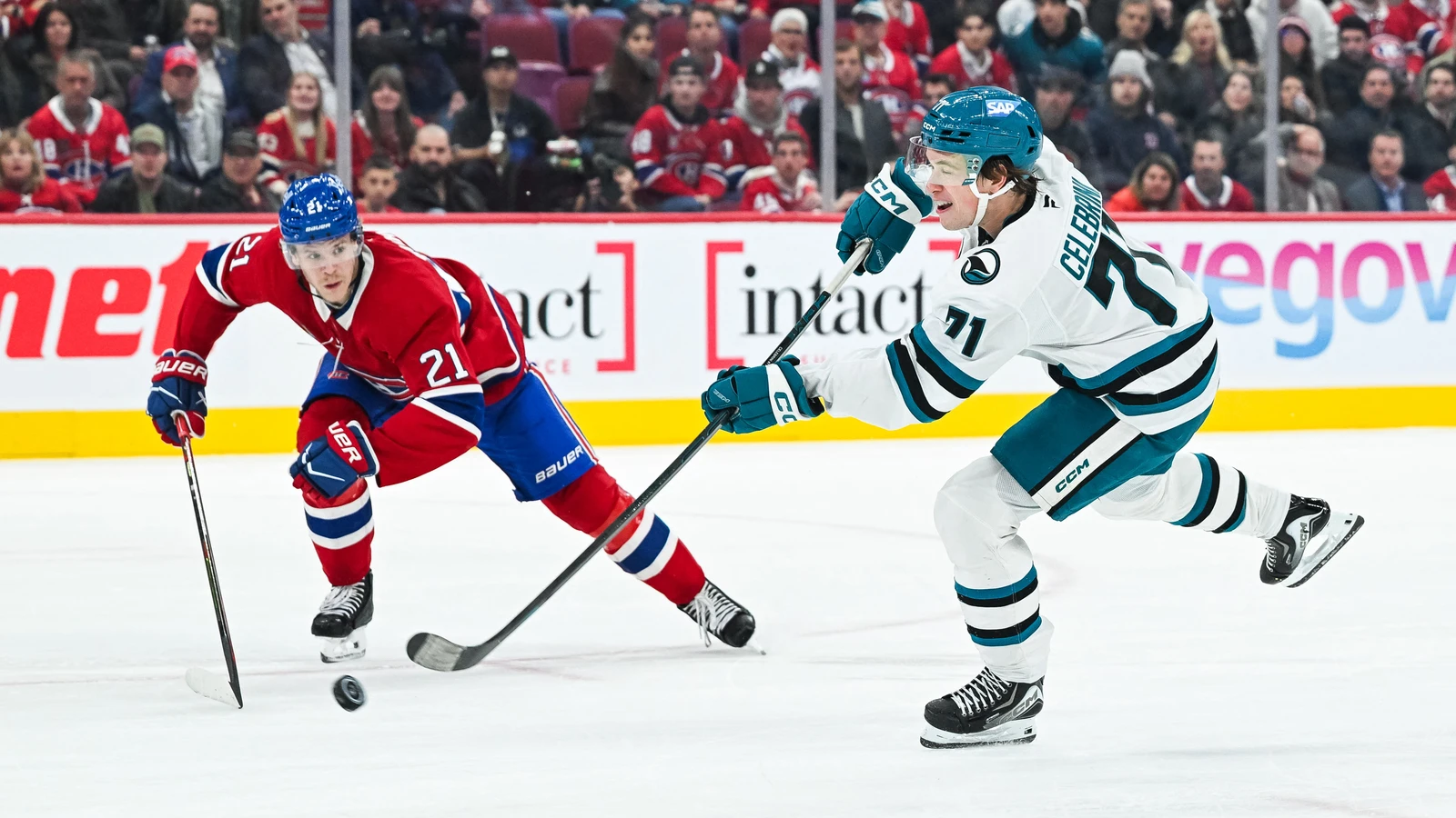 Macklin Celebrini shoots the puck as Kaiden Guhle defends during the Sharks game in Montréal.