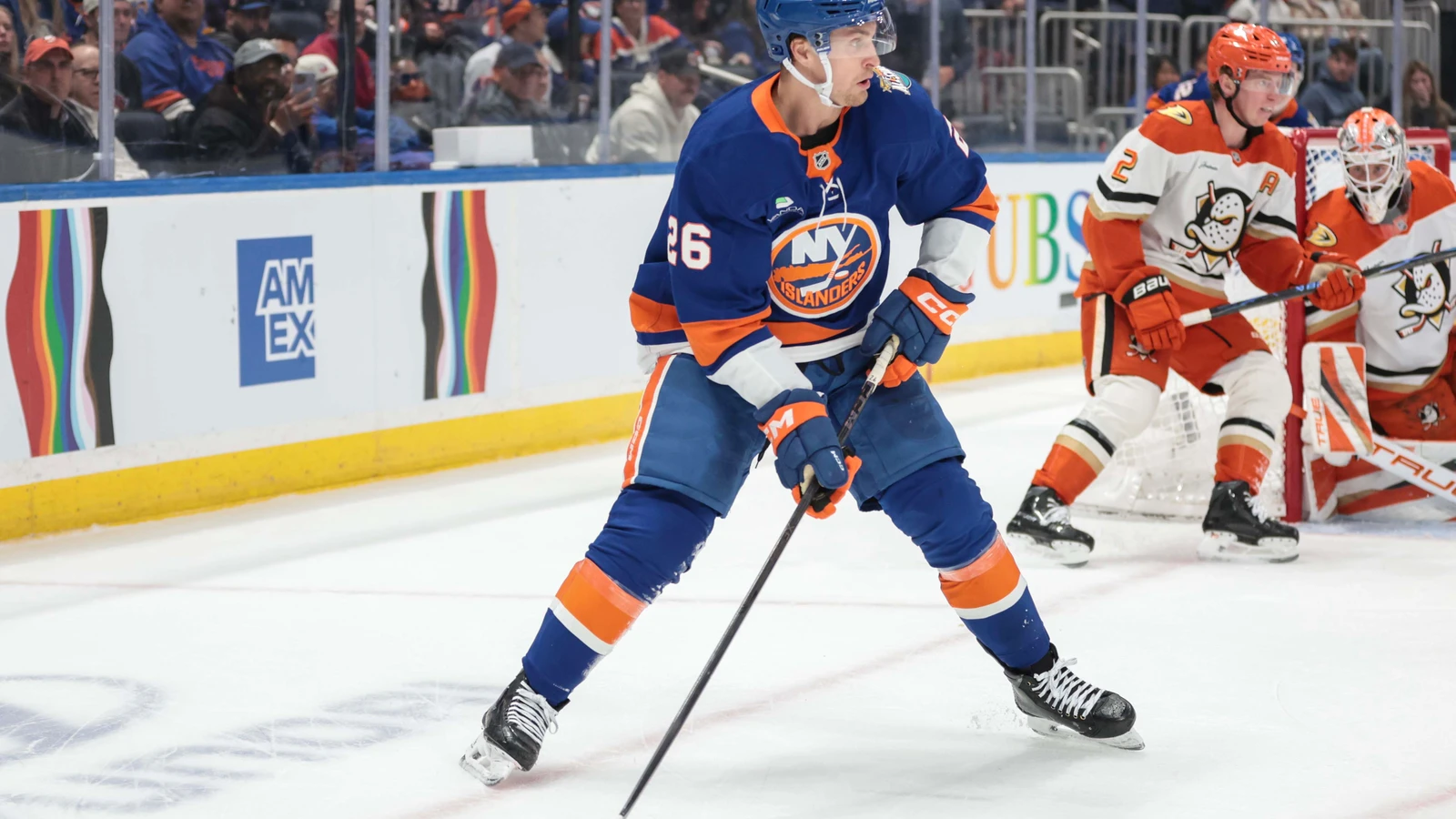 Mitchell Chaffee controls the puck for the New York Islanders against the Anaheim Ducks at UBS Arena.
