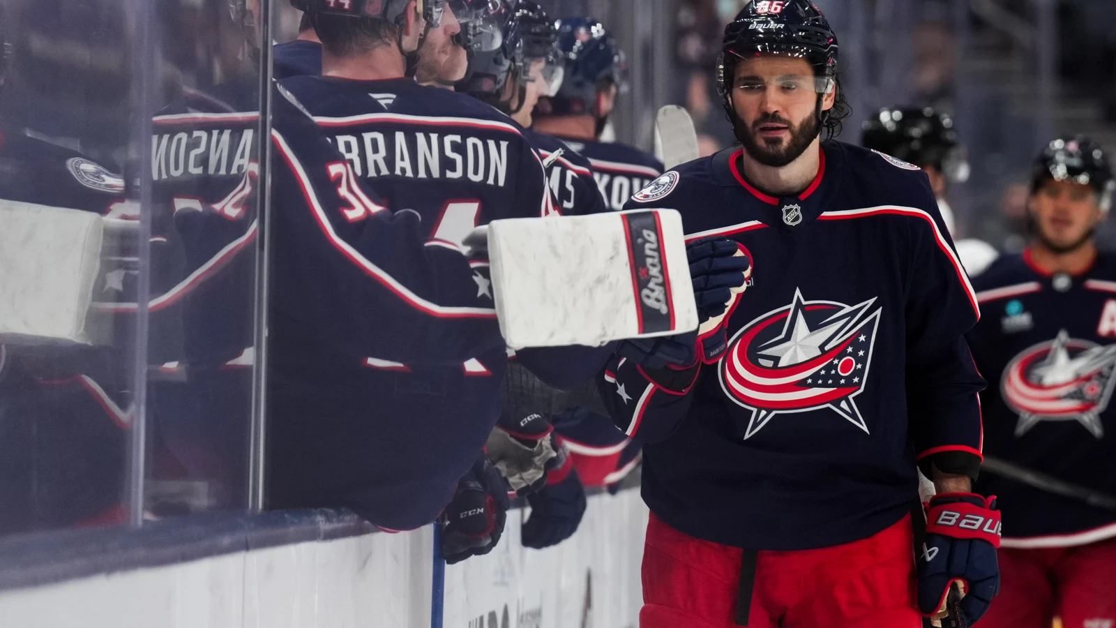 File photo: Kirill Marchenko (86) celebrates a goal with Columbus Blue Jackets teammates against the Pittsburgh Penguins at Nationwide Arena on Sept. 24, 2026.