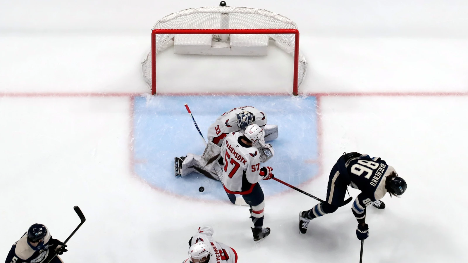 File photo: Clay Stevenson makes a pad save for the Washington Capitals against the Columbus Blue Jackets.