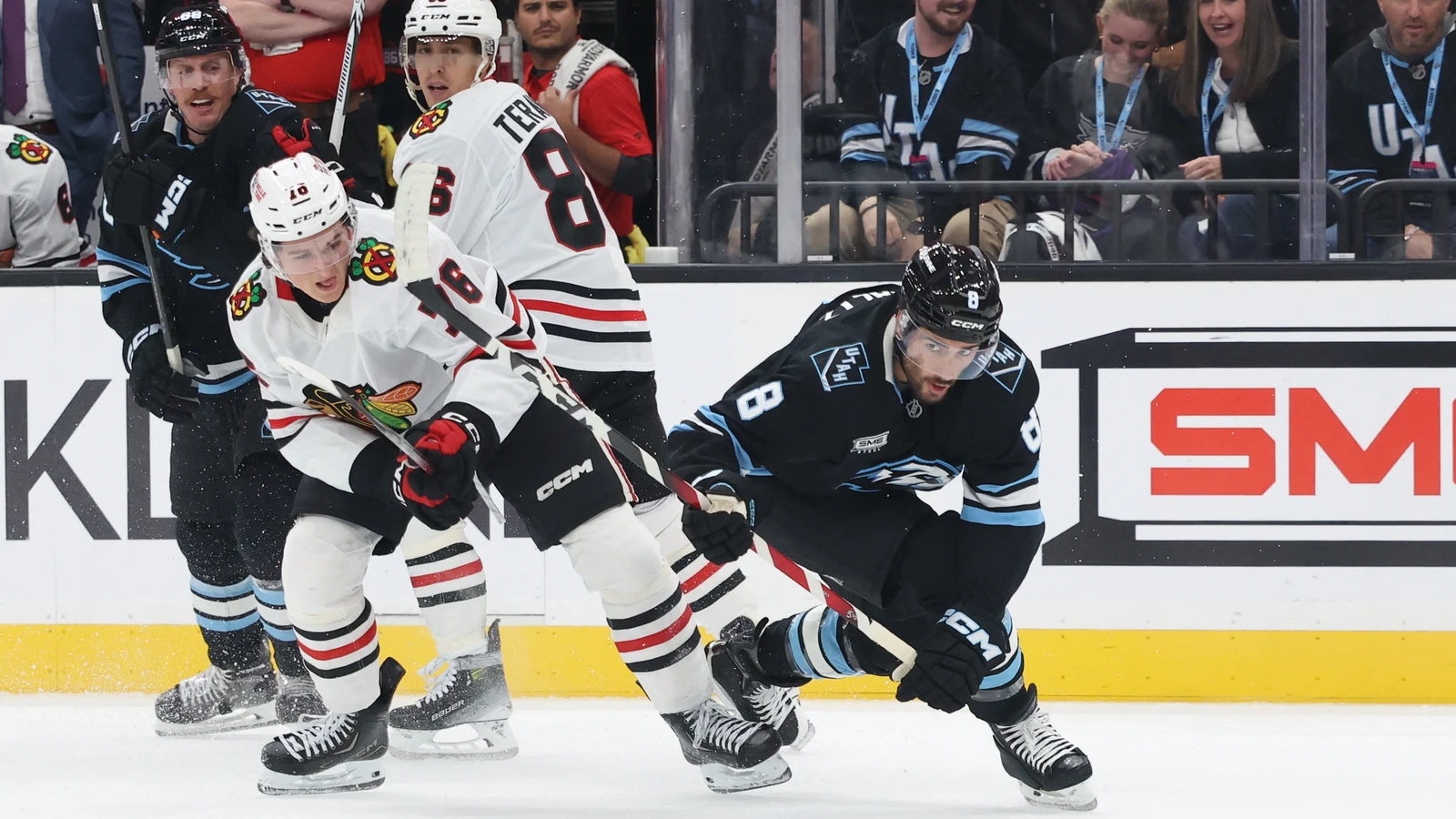 File photo: Chicago Blackhawks defenceman Ian Cole battles for the puck against the Utah Mammoth at Delta Center.