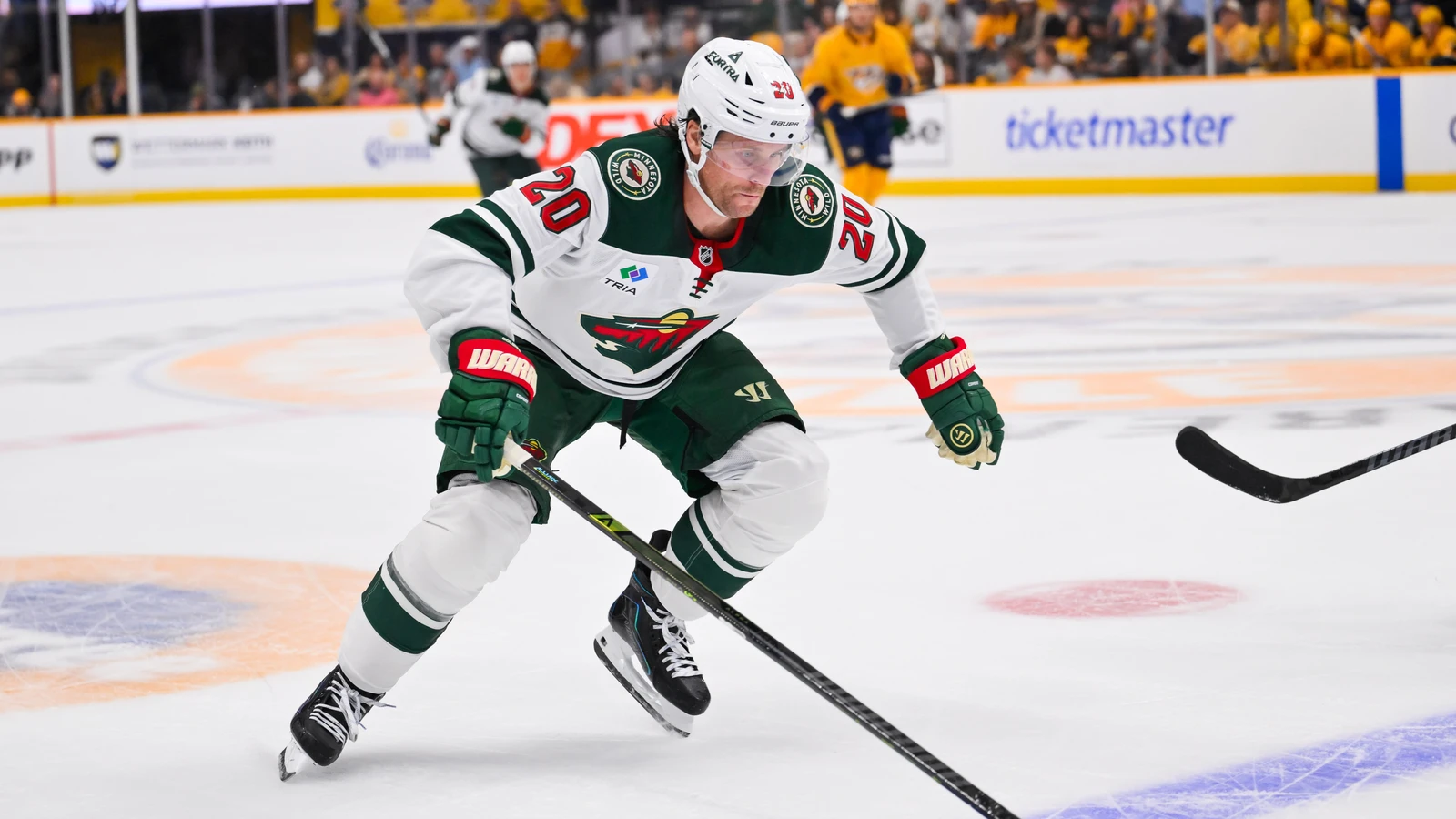 Blake Coleman skates for the Minnesota Wild against the Nashville Predators at Bridgestone Arena.