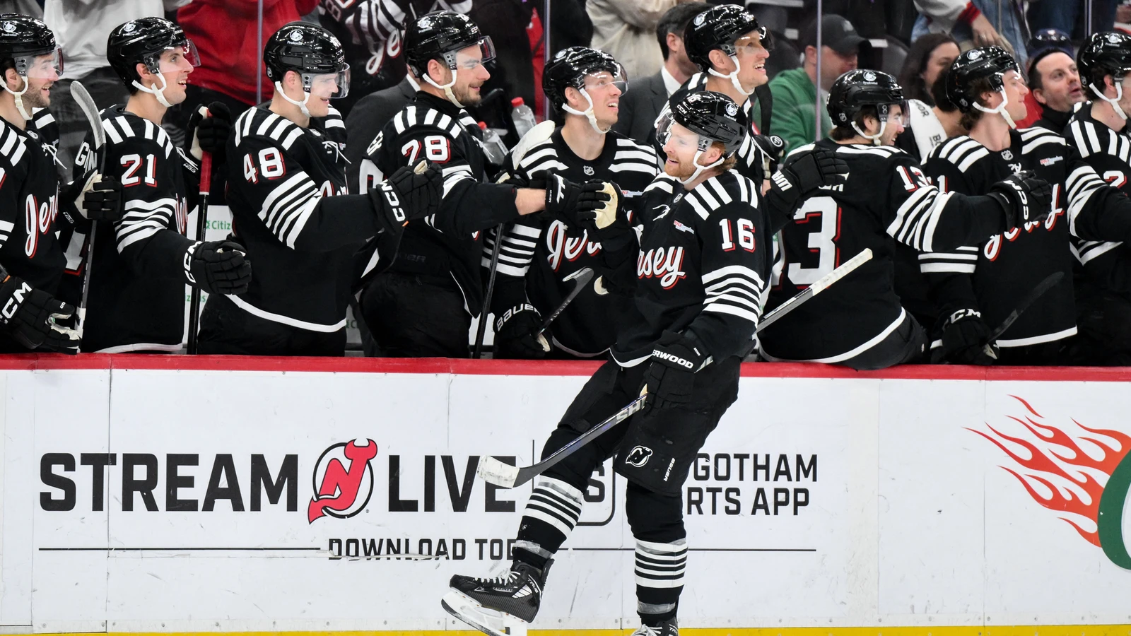 File photo: New Jersey Devils forward Connor Brown celebrates a goal with teammates at Prudential Center against Ottawa on April 12, 2026.