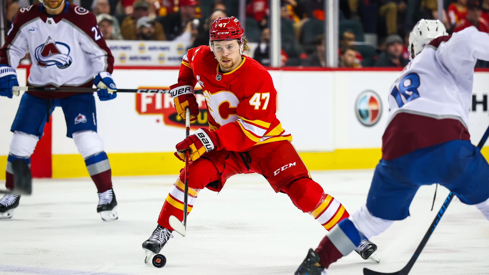 File photo: Calgary Flames forward Connor Zary (47) controls the puck against the Colorado Avalanche at Scotiabank Saddledome on April 14, 2026.