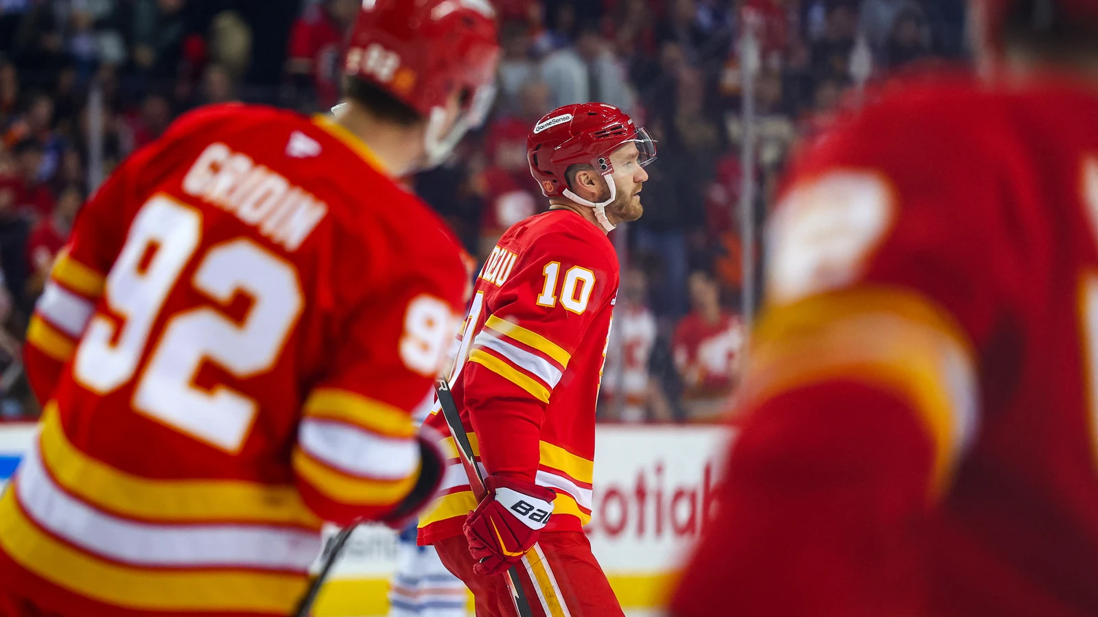 Jonathan Huberdeau celebrates a Calgary goal against Edmonton on February 4, 2026. File photo.